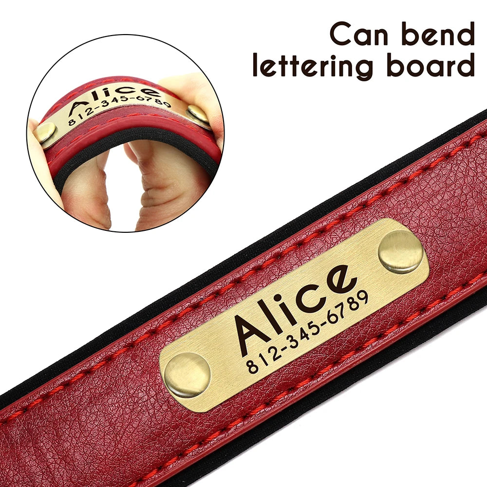 Leather Personalized Dog Collar Leash Custom Pet Name ID Collar Free Engraving