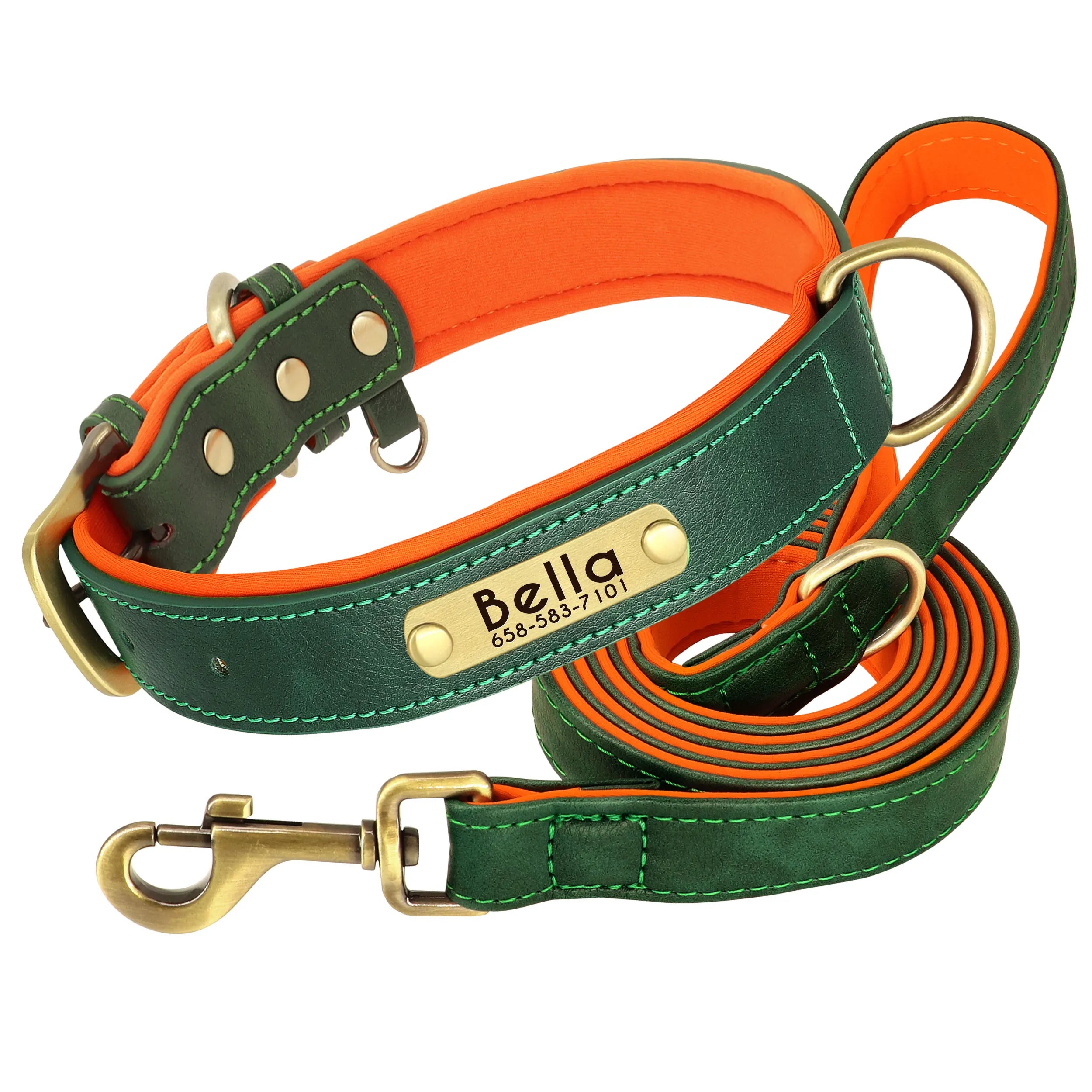 Leather Personalized Dog Collar Leash Custom Pet Name ID Collar Free Engraving