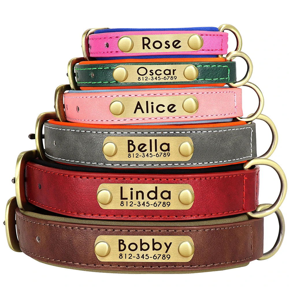 Leather Personalized Dog Collar Leash Custom Pet Name ID Collar Free Engraving