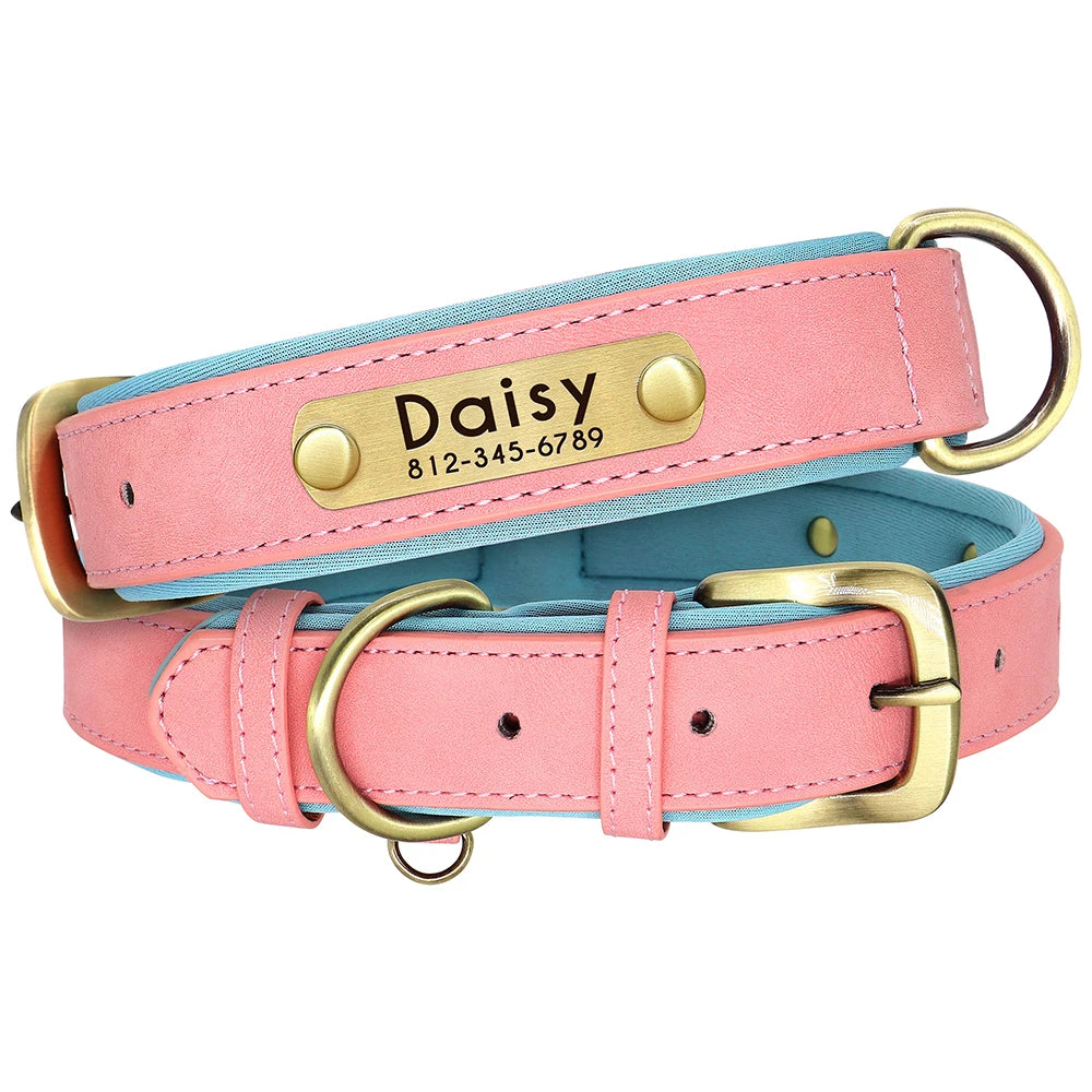 Leather Personalized Dog Collar Leash Custom Pet Name ID Collar Free Engraving