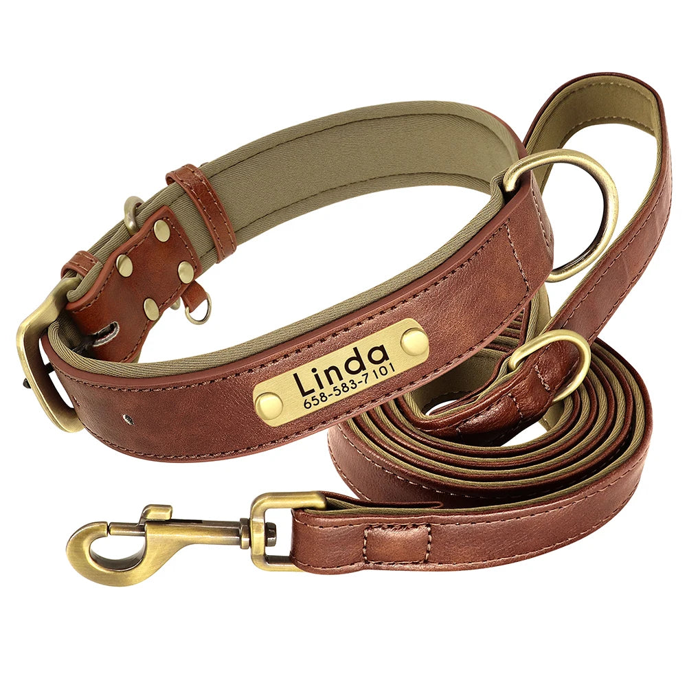 Leather Personalized Dog Collar Leash Custom Pet Name ID Collar Free Engraving