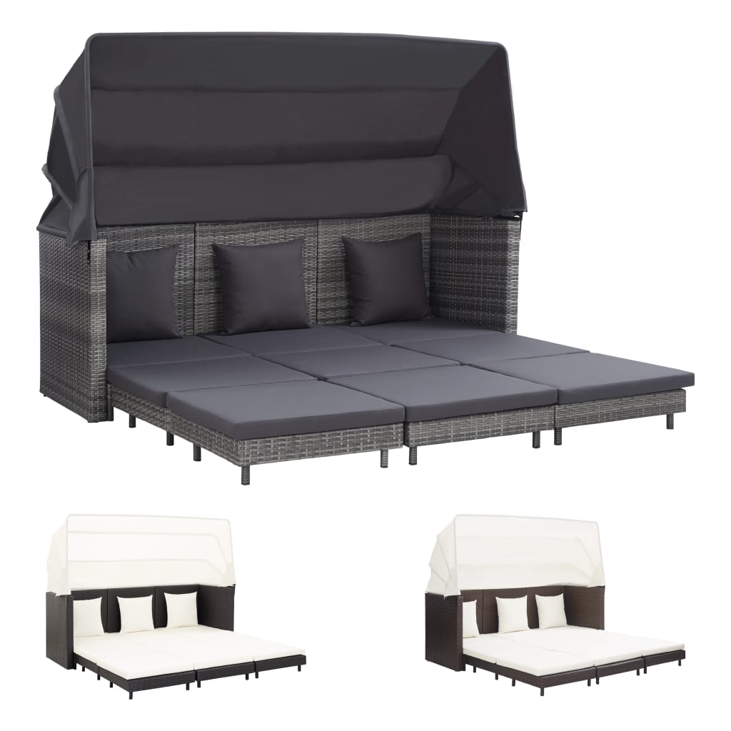 vidaXL Extendable 3-Seater Sofa Bed with Roof Poly Rattan Gray-11