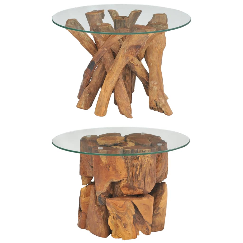 vidaXL Coffee Table Round End Table with Glass Tabletop Solid Teak Driftwood-2