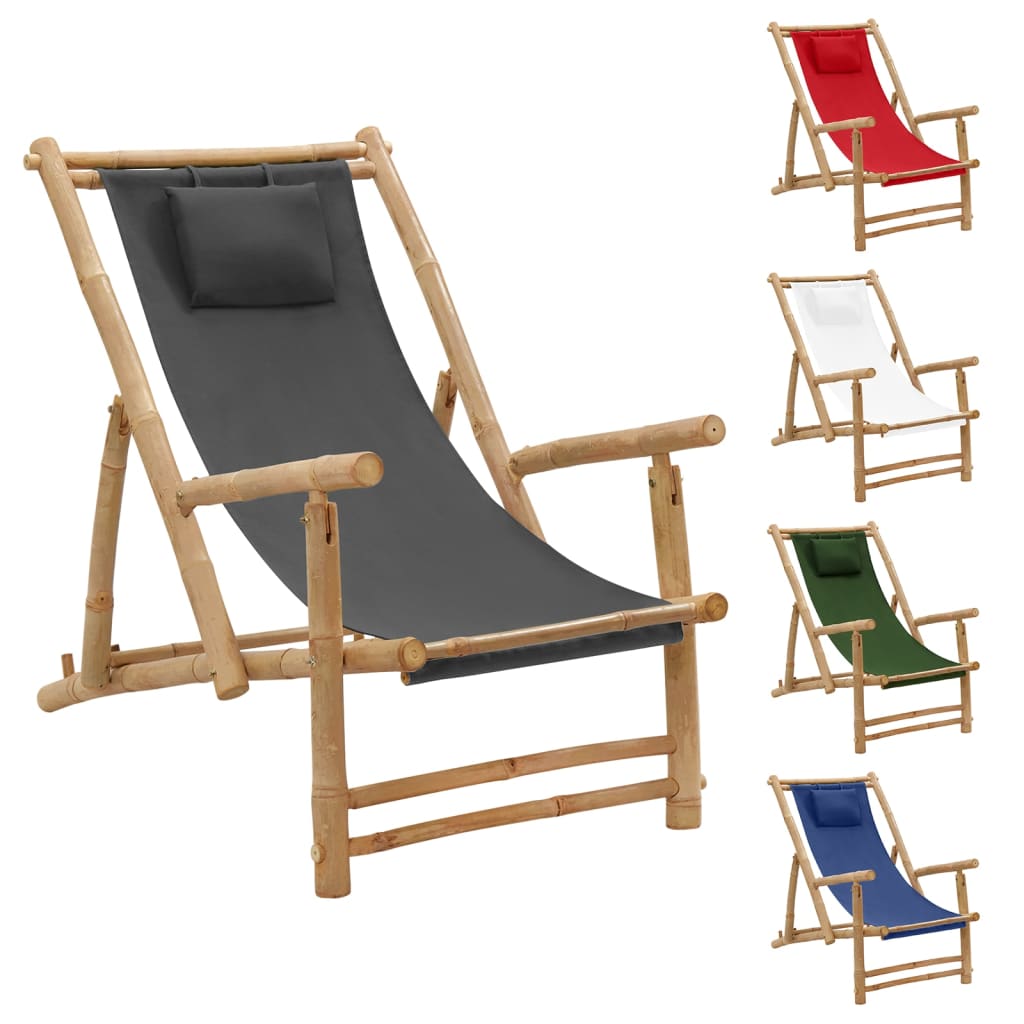 vidaXL Patio Deck Chair Sling Chair for Balcony Deck Porch Bamboo and Canvas-32