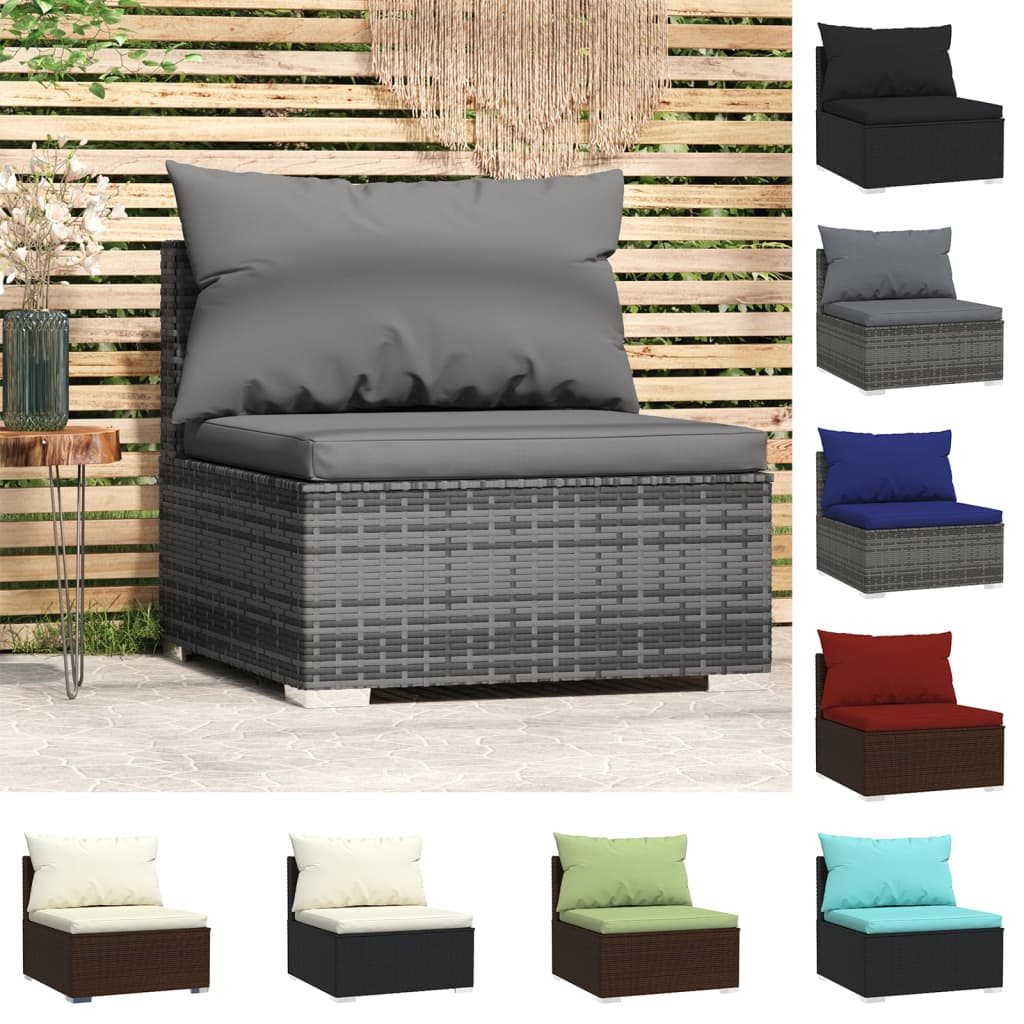 vidaXL Patio Middle Sofa with Cushions Black Poly Rattan-2