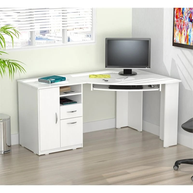 59" White Corner Computer Desk With Two Drawers