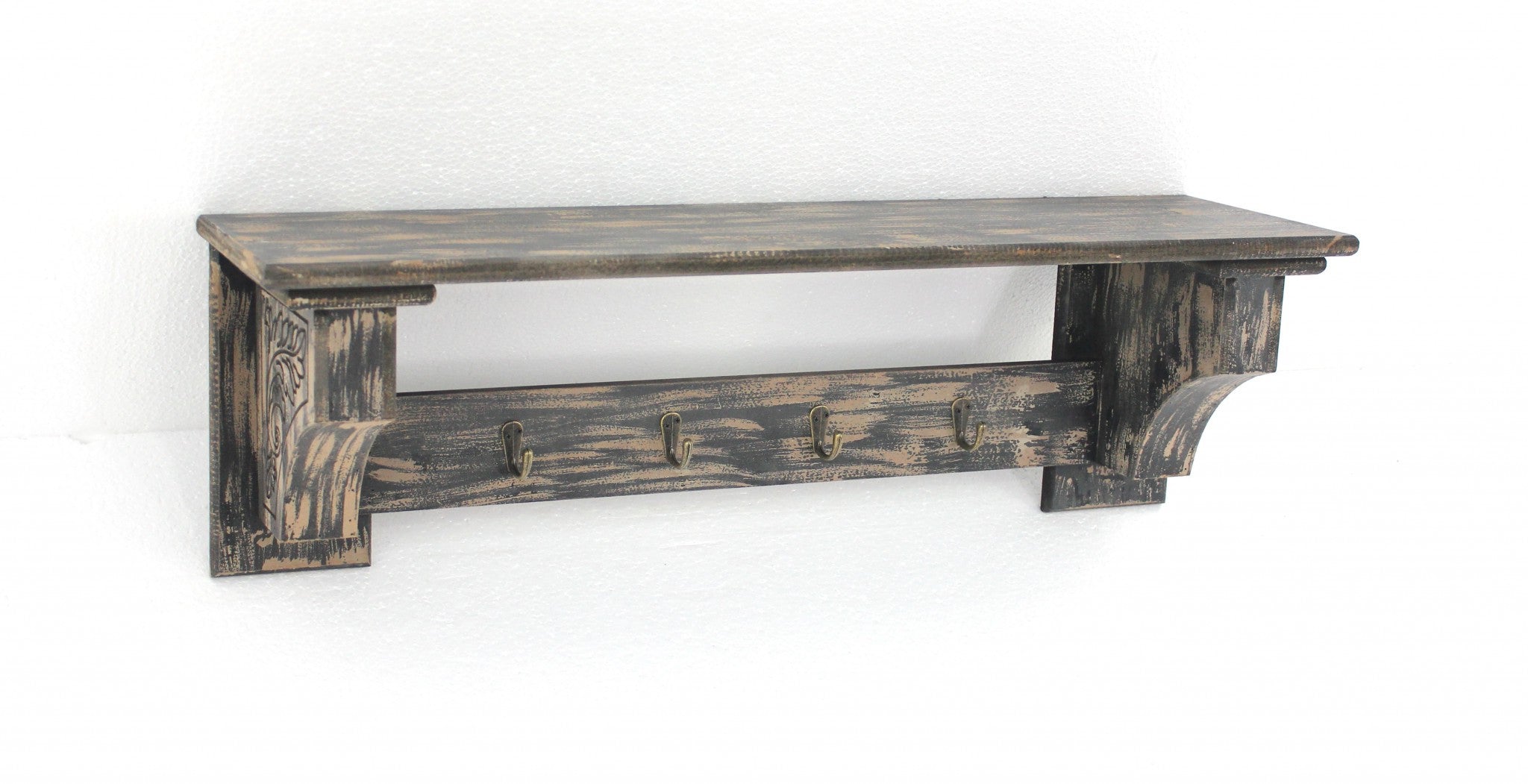 8 X 30 X 9.75 Black Vintage Wooden 4 Metal Hooks - Wall Shelf