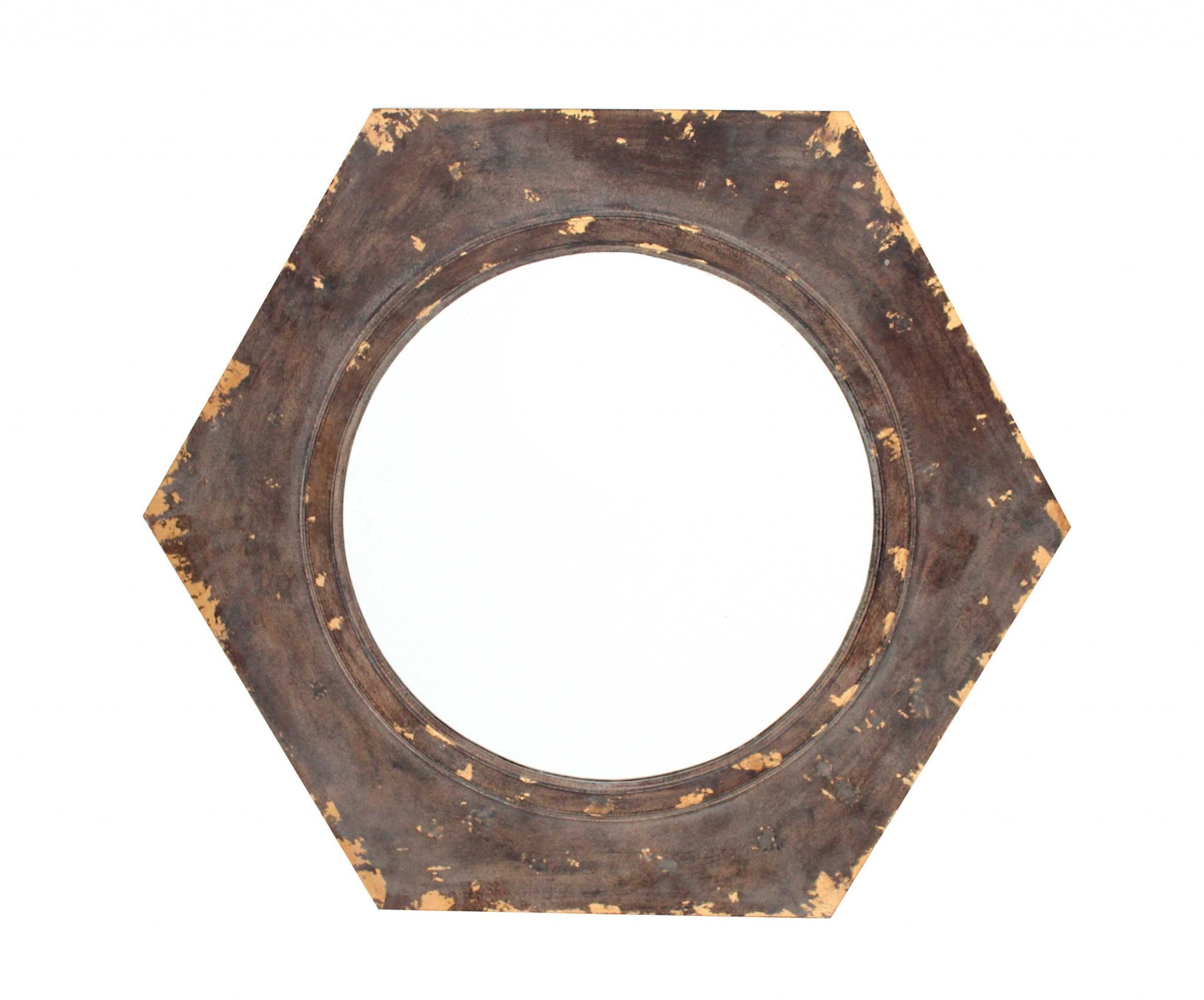 24" Bronze Hexagon Distressed Wood Framed Accent Mirror