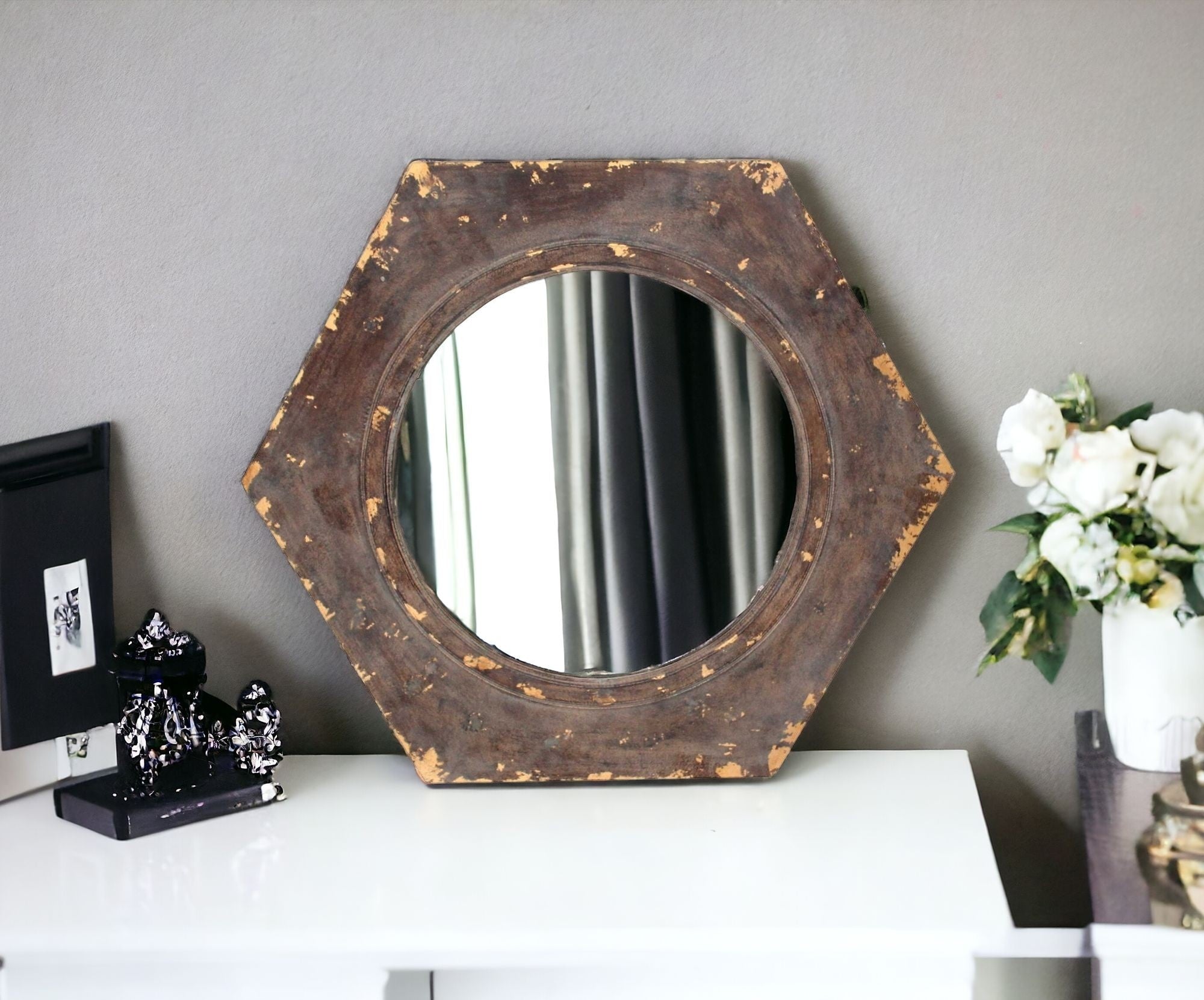 24" Bronze Hexagon Distressed Wood Framed Accent Mirror