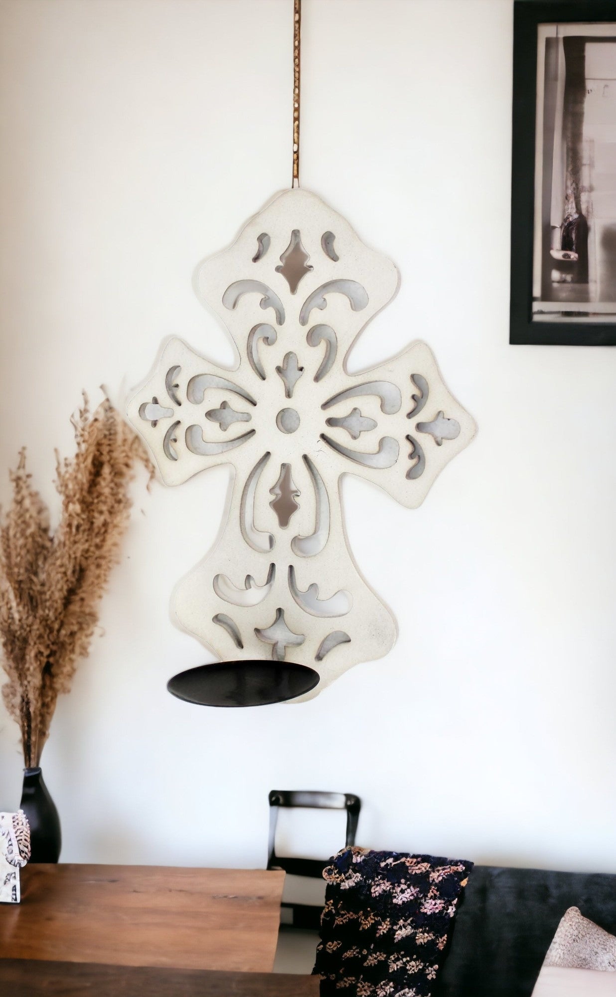 15.5 X 5 X 11 White Wooden Cross - Candle Holder Sconce
