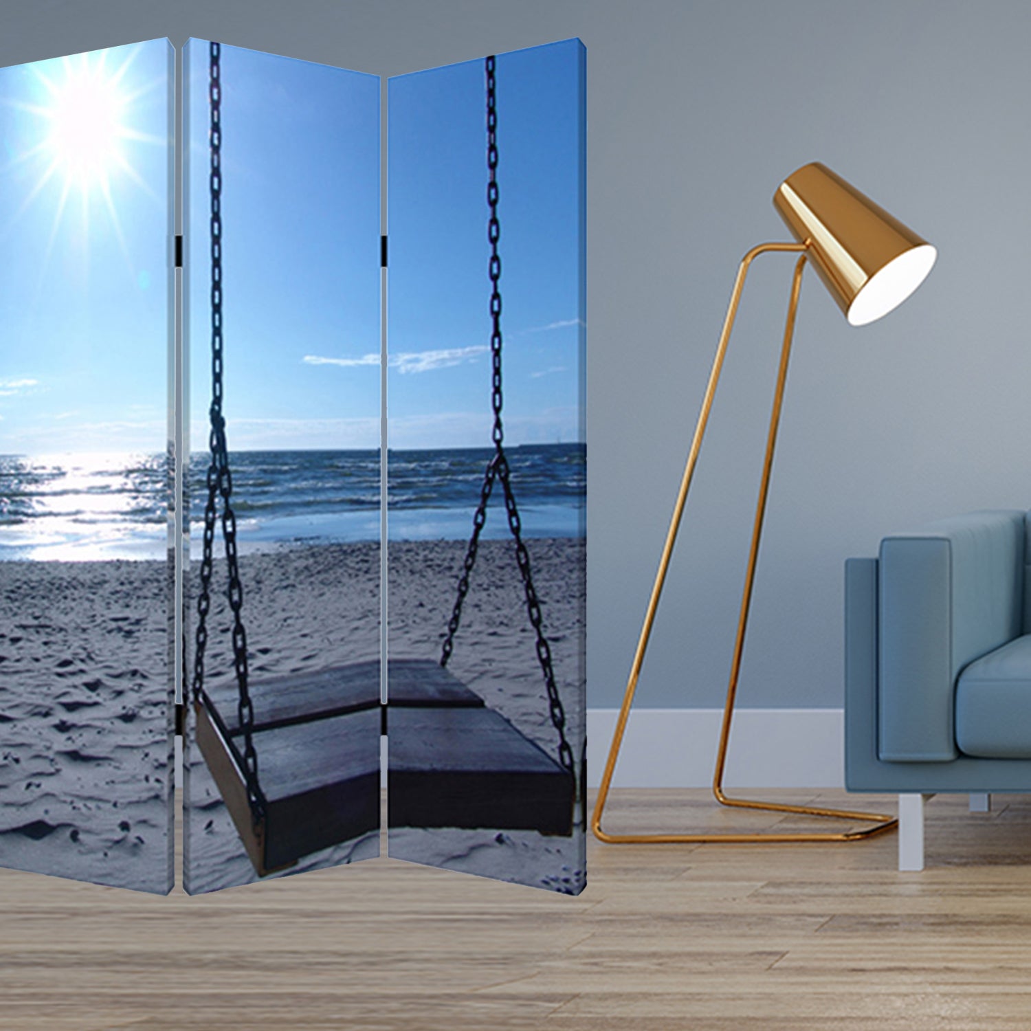 48" X 72" Multi Color Wood Canvas Seaside Serenity  Screen