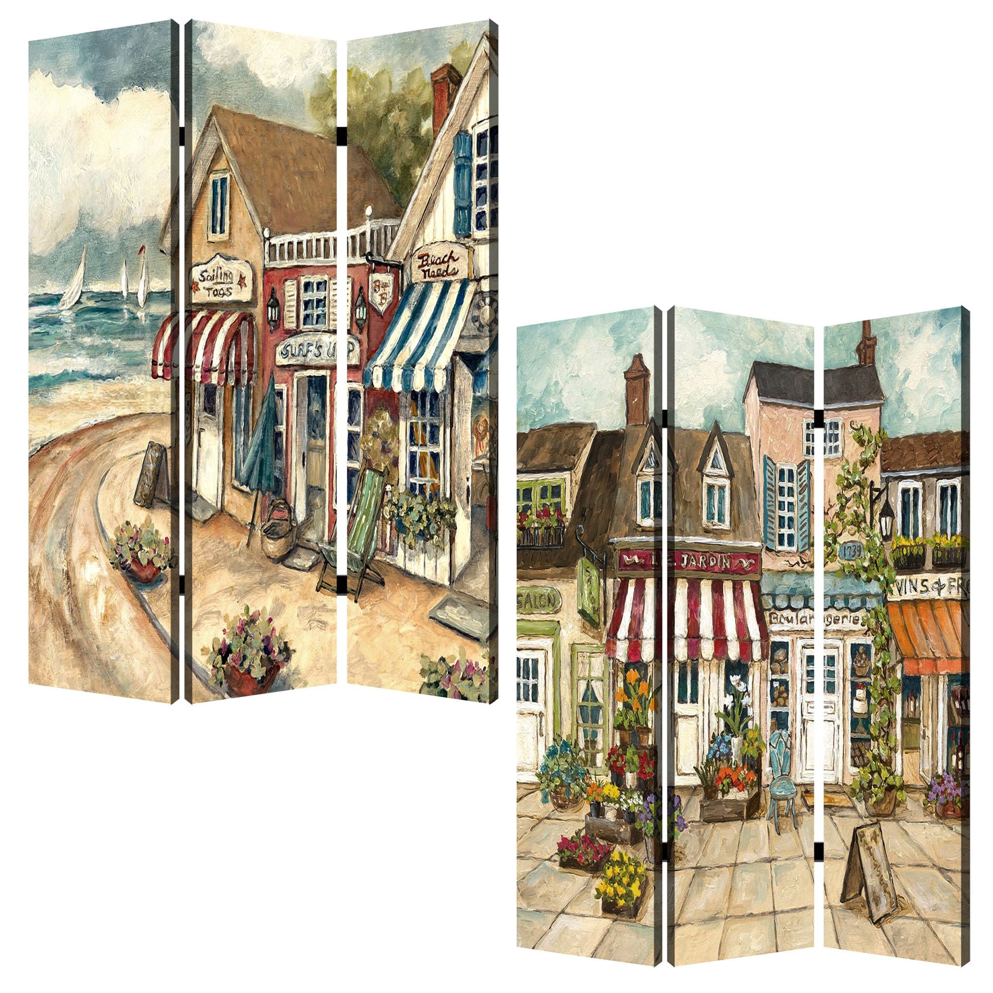 48 X 72 Multi Color Wood Canvas Seaside Town Slate  Screen