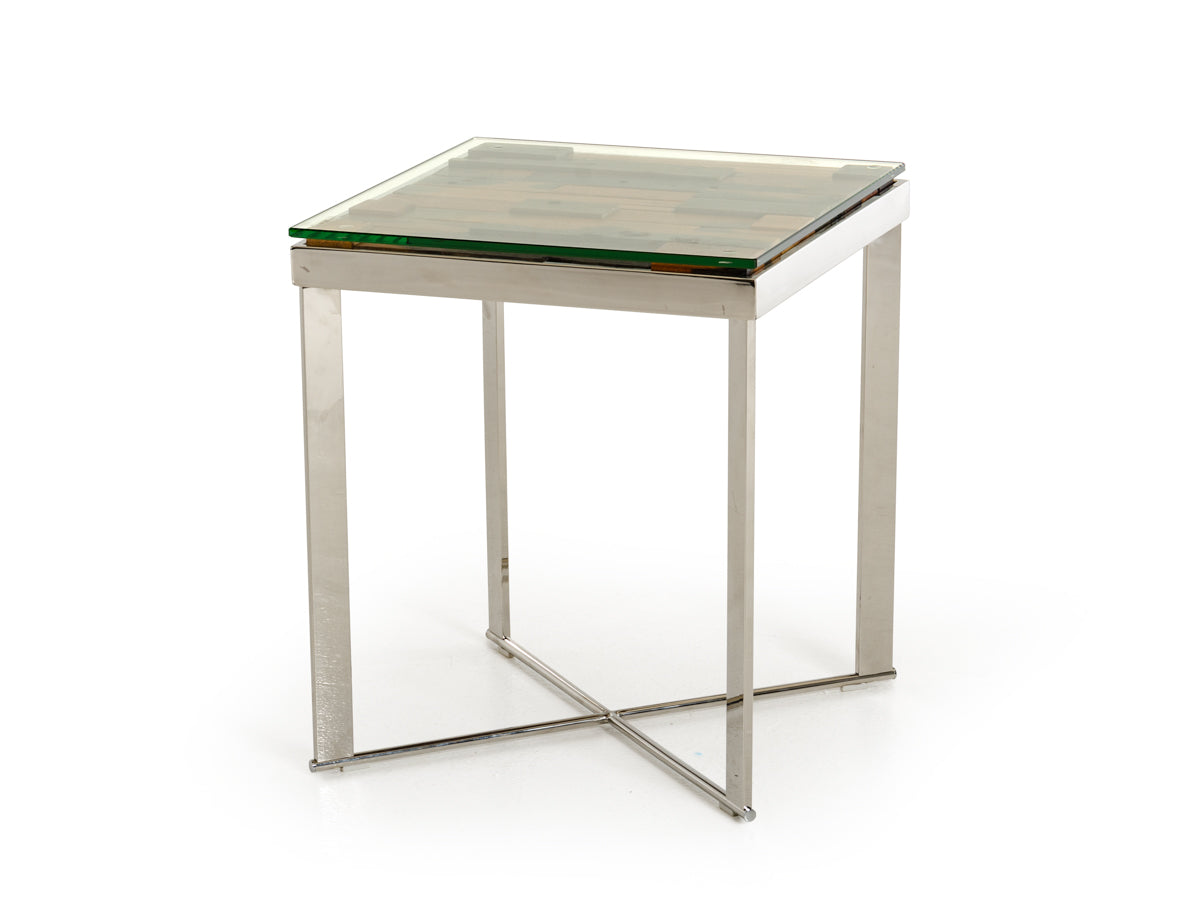 22" Mosaic Wood  Steel  And Glass End Table