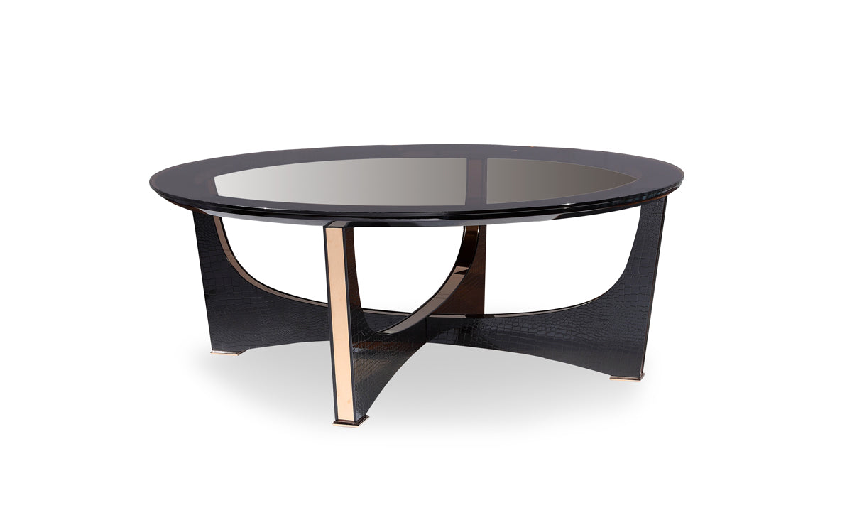 18" Black Crocodile Textures And Rosegold  And Glass Coffee Table