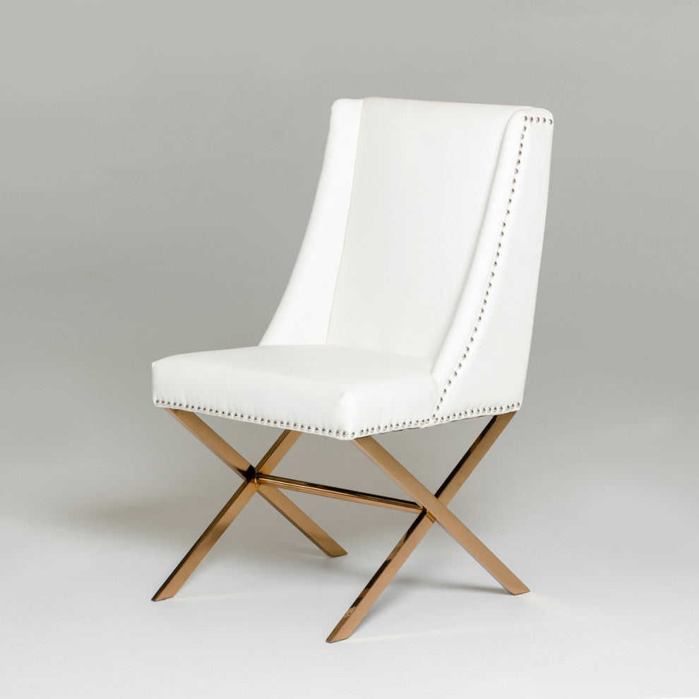 37" White Leatherette And Rosegold Steel Dining Chair