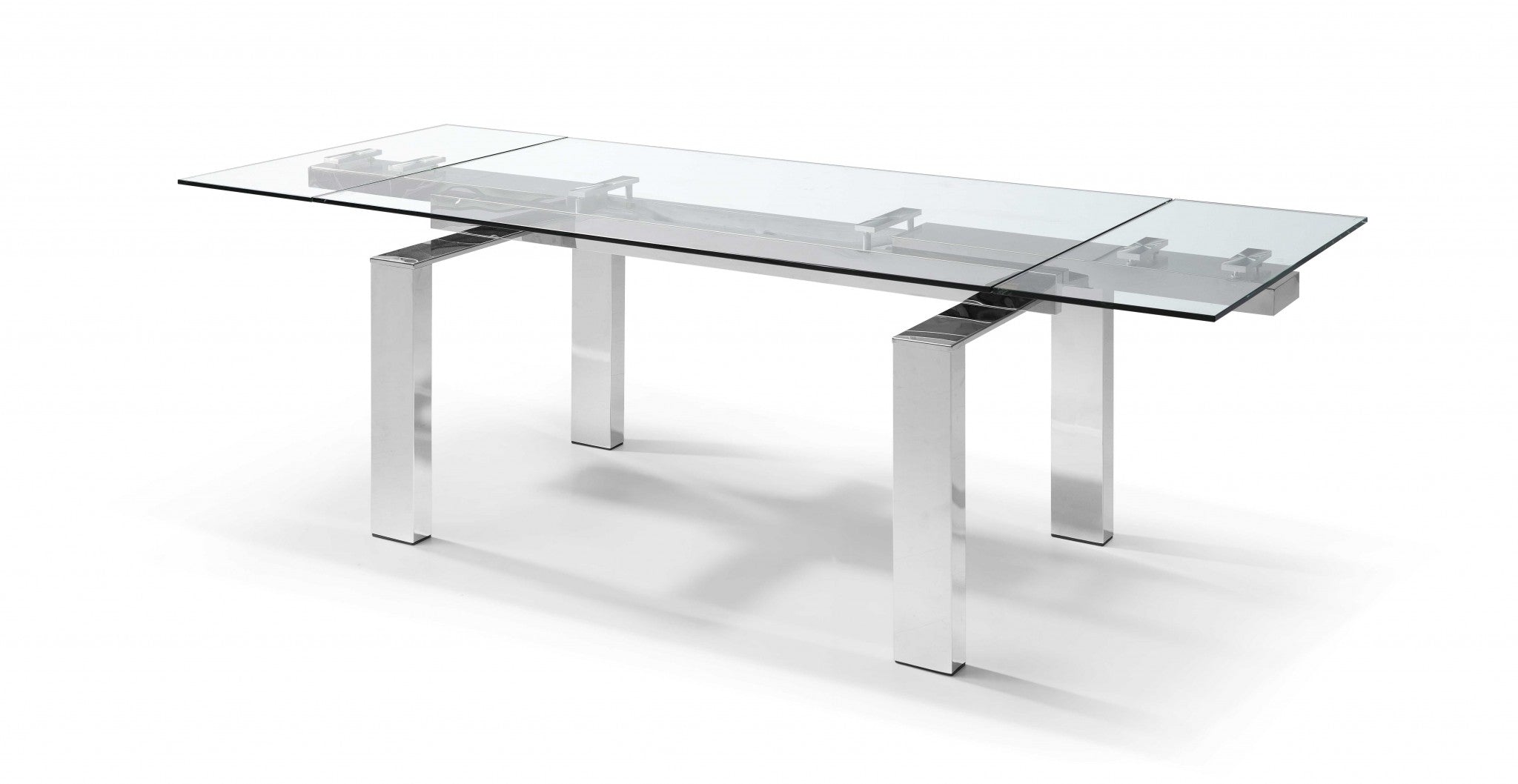 63" Clear and Silver Glass and Stainless Steel Self-Storing Leaf Dining Table