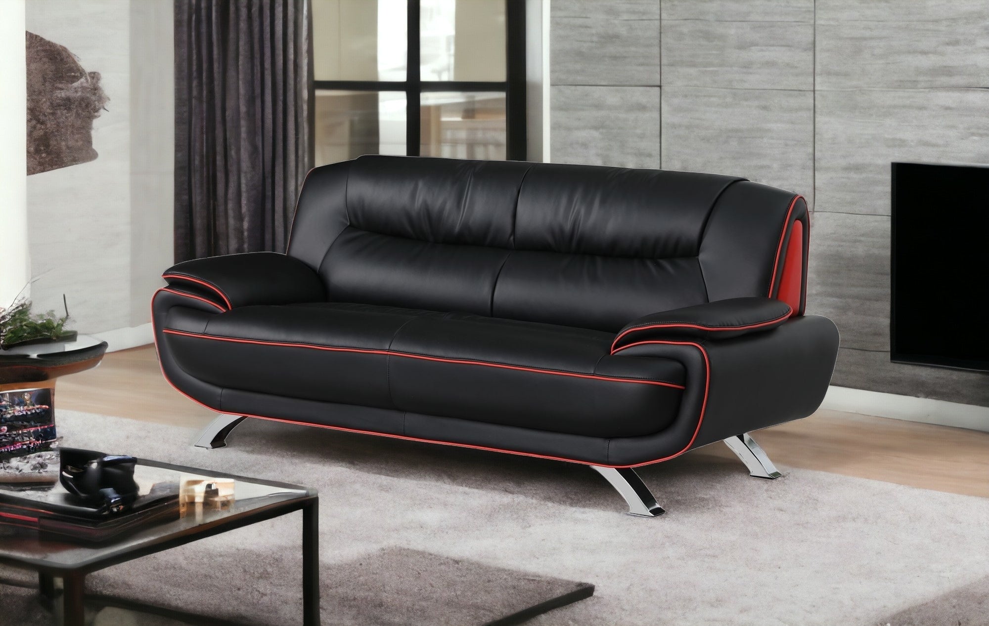 80" Black And Silver Leather Sofa
