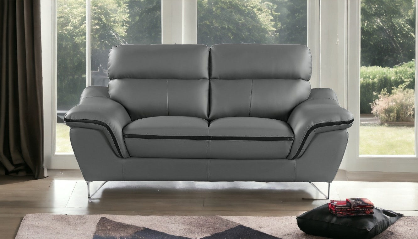 86" Gray Leather Sofa With Silver Legs