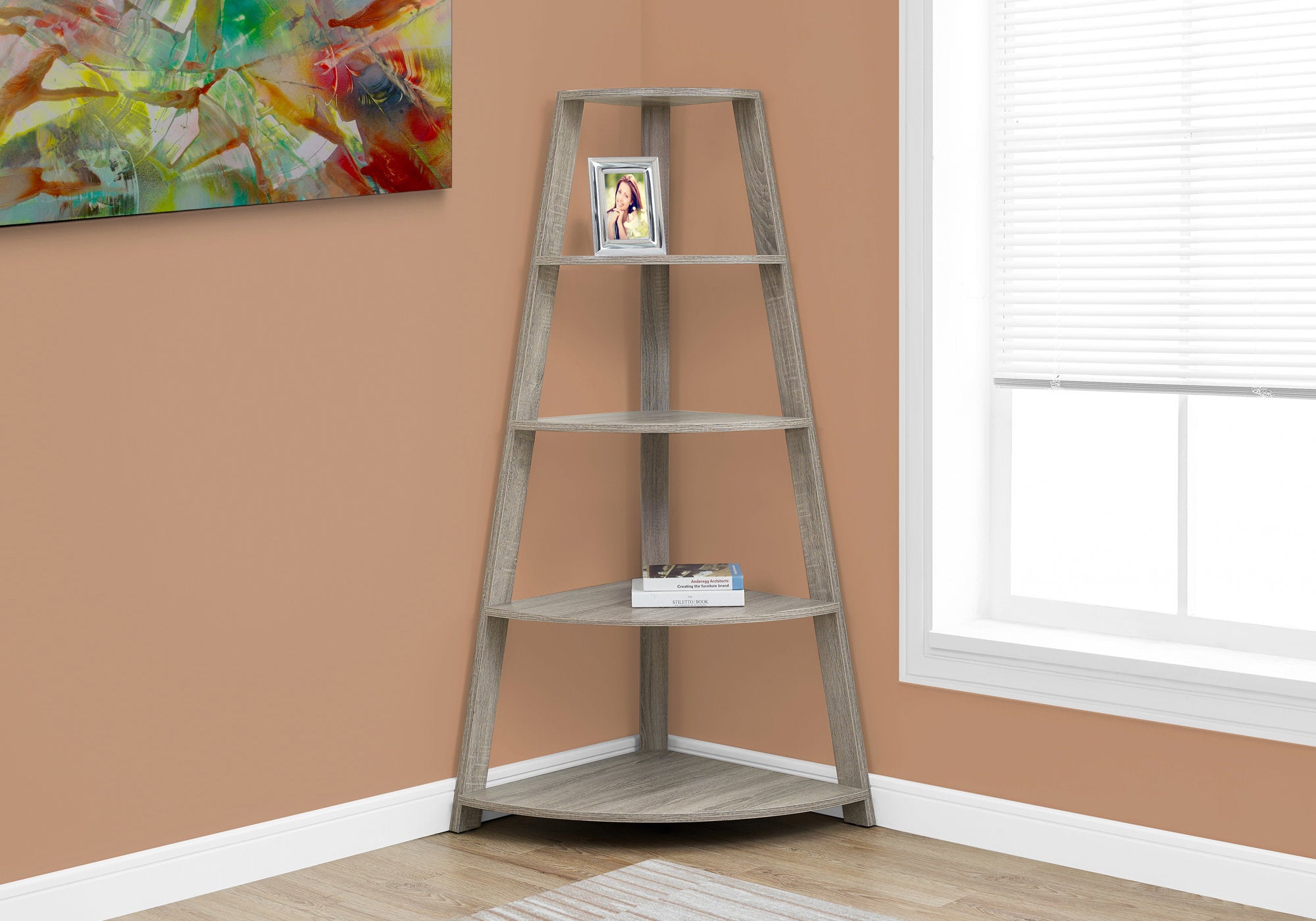 60" Taupe Wood Four Tier Corner Bookcase