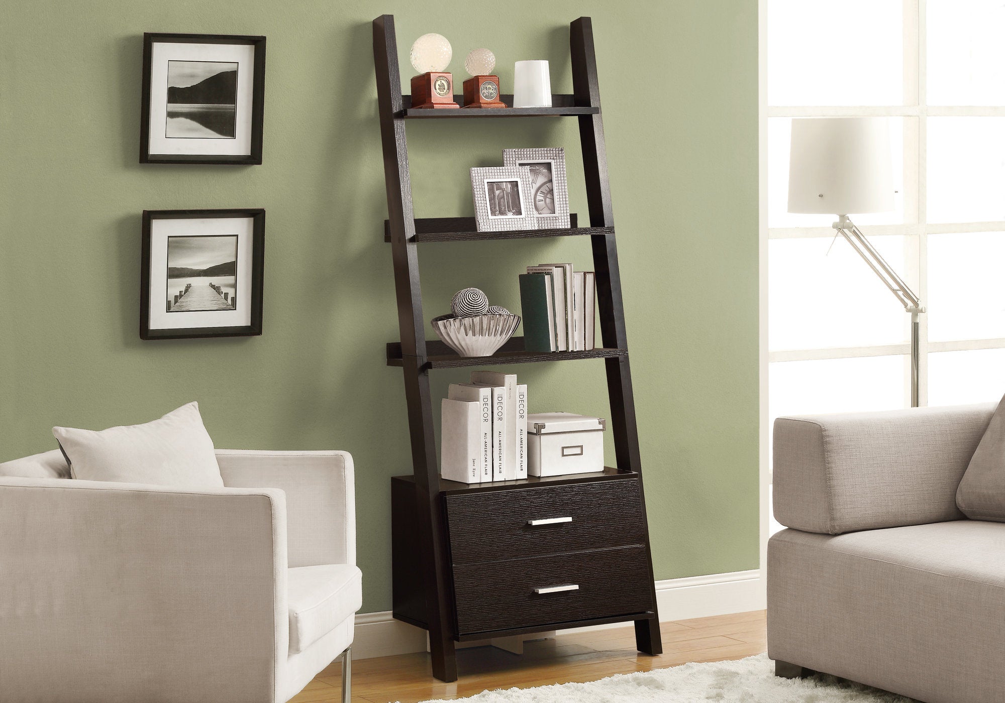 69" Cappuccino Wood Ladder Bookcase With Two drawers