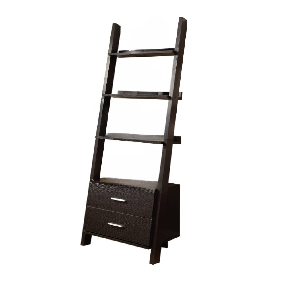 69" Gray and Black Wood Ladder Bookcase With Two drawers