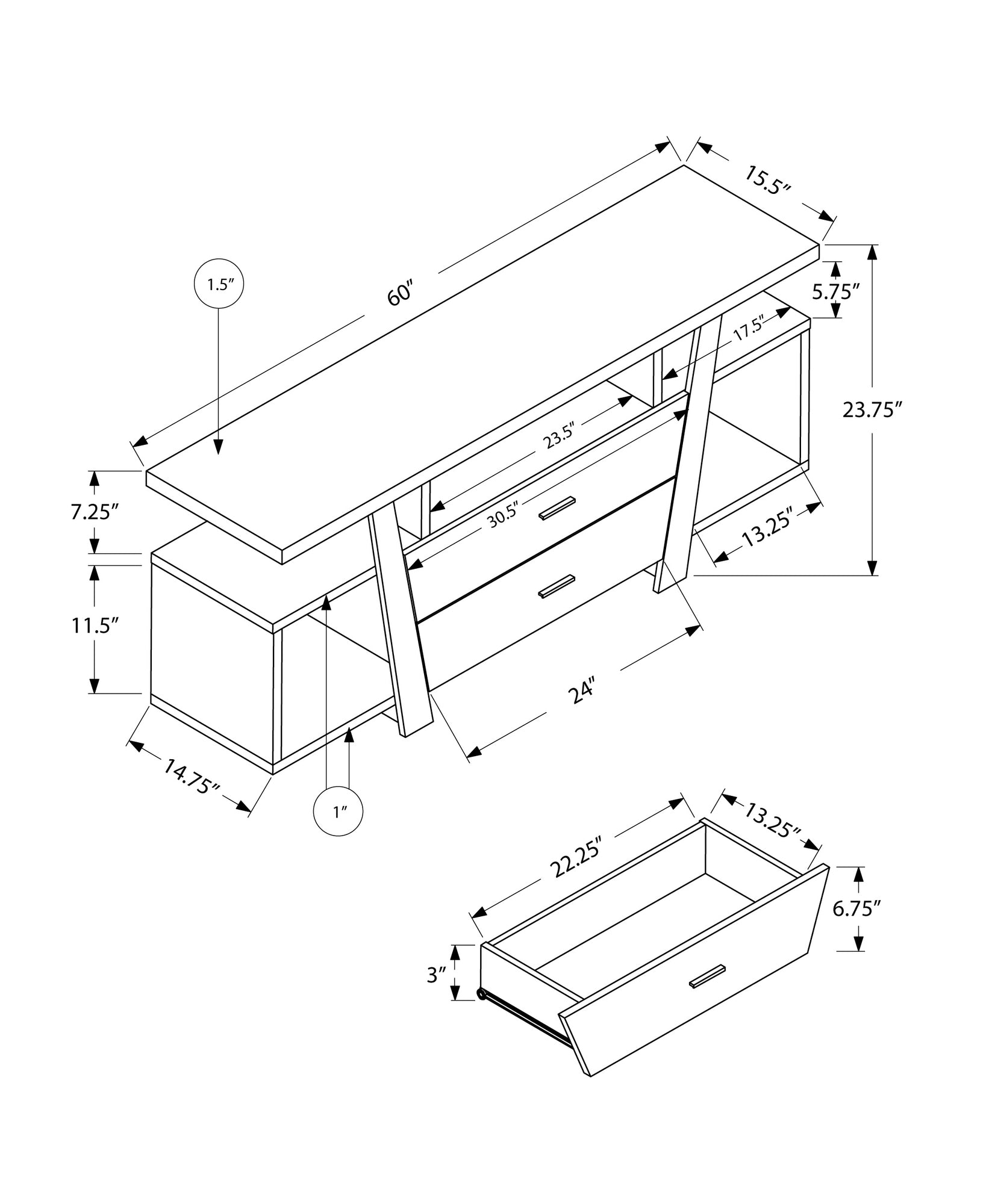 15.5" X 60" X 23.75" Dark Taupe Particle Board Hollow Core TV Stand With 2 Drawers