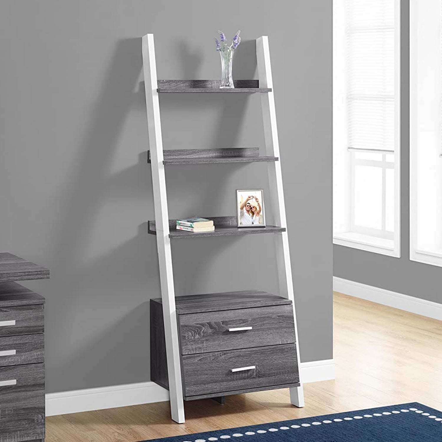 69" Gray and Black Wood Ladder Bookcase With Two drawers