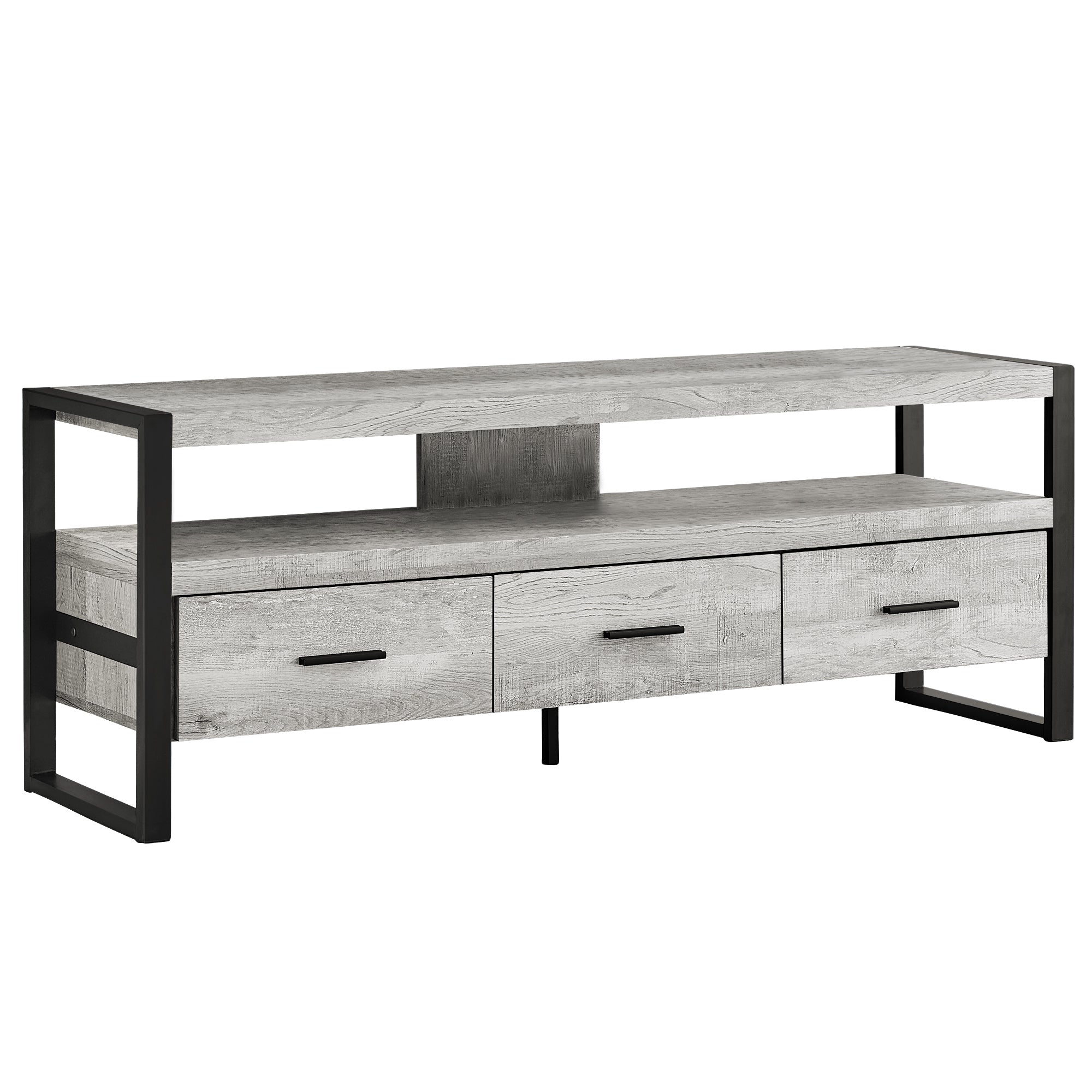 15.5" X 59" X 21.75" Taupe Black Particle Board Hollow Core Metal TV Stand With 3 Drawers