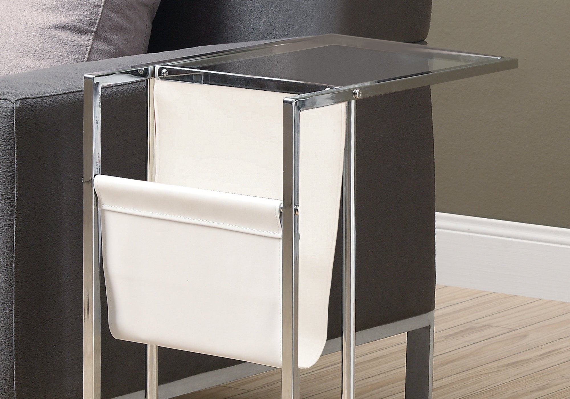 19.5" X 12" X 24" Chrome Tempered Glass Leather Look Accent Table