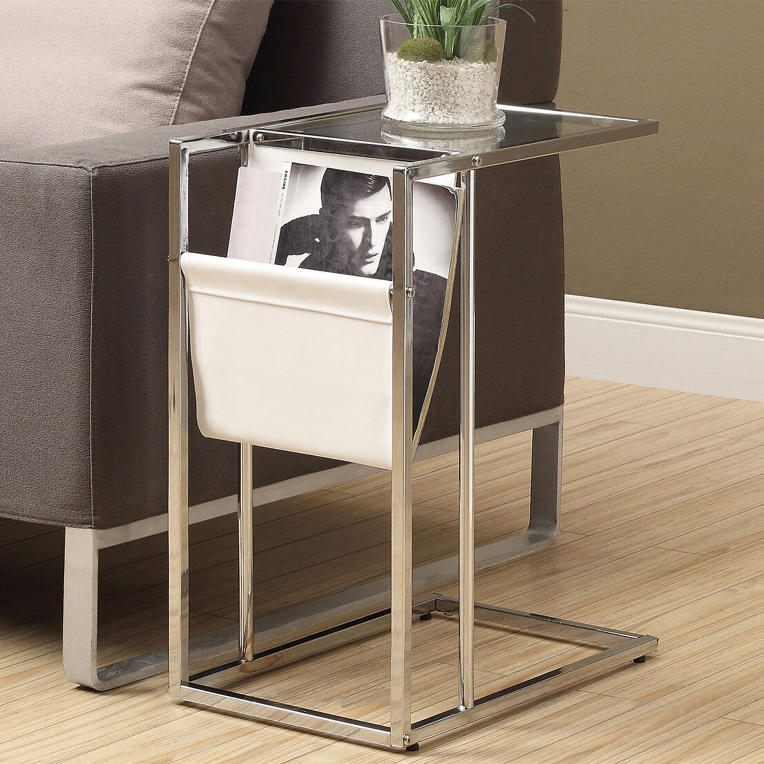 19.5" X 12" X 24" Chrome Tempered Glass Leather Look Accent Table