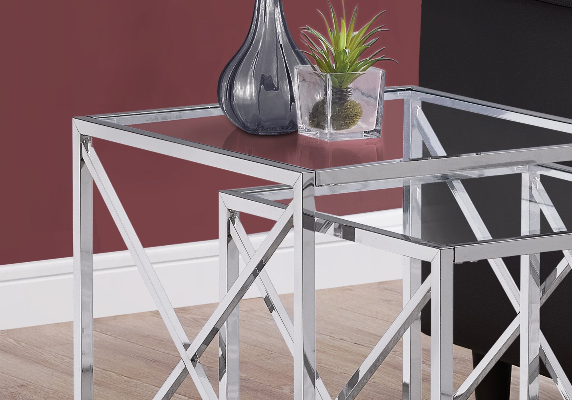 38" Chrome Metal And Tempered Glass Two Pieces Nesting Table Set