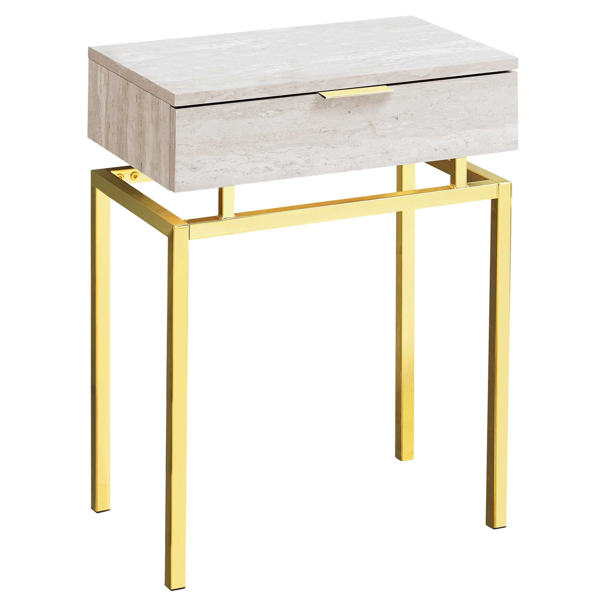 23" Gold And Beige Wood And Metal End Table With Drawer