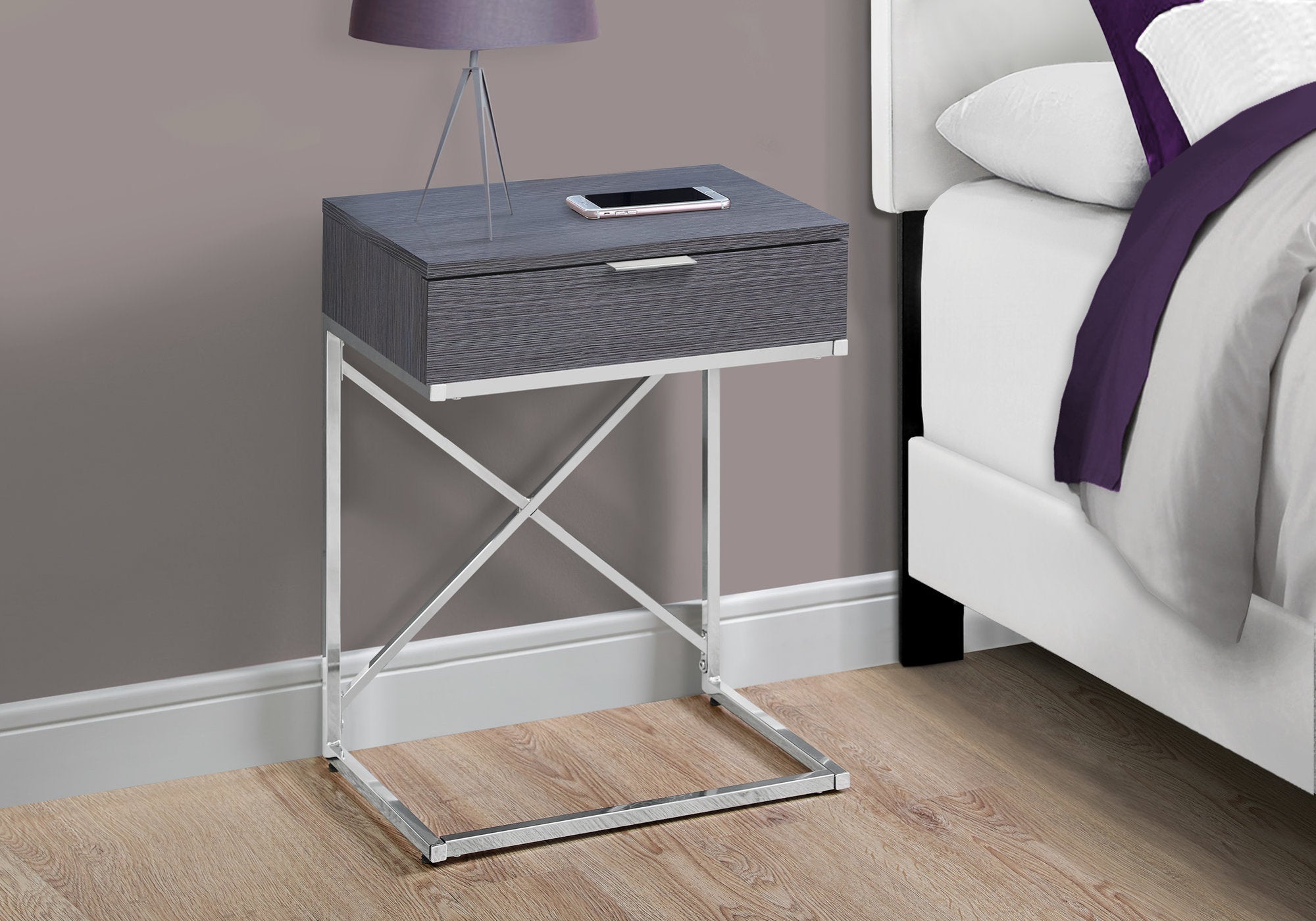 24" Silver And Gray End Table With Drawer