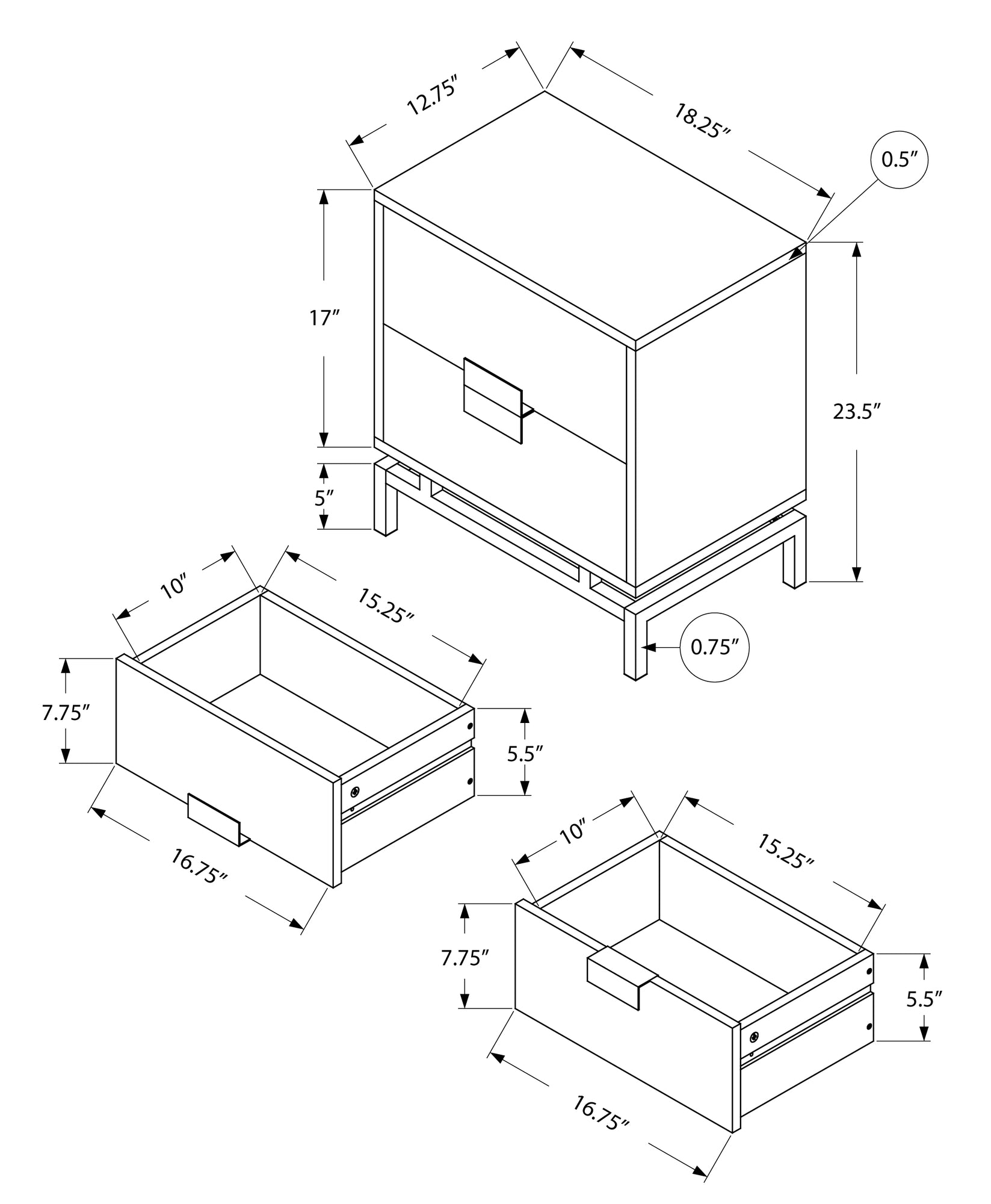 24" Silver And Gray End Table With Two Drawers