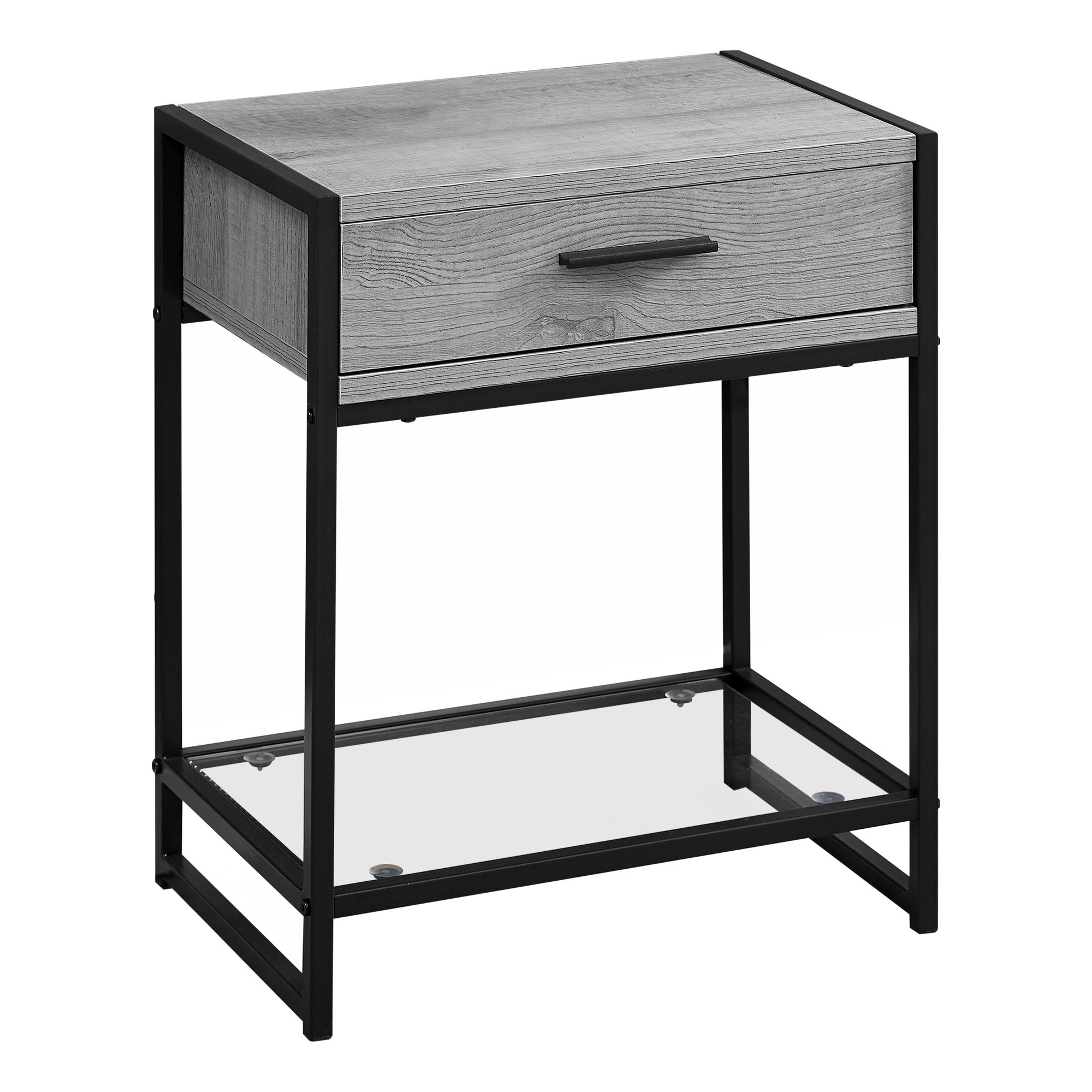 22" Black Glass And Metal End Table With Drawer And Shelf