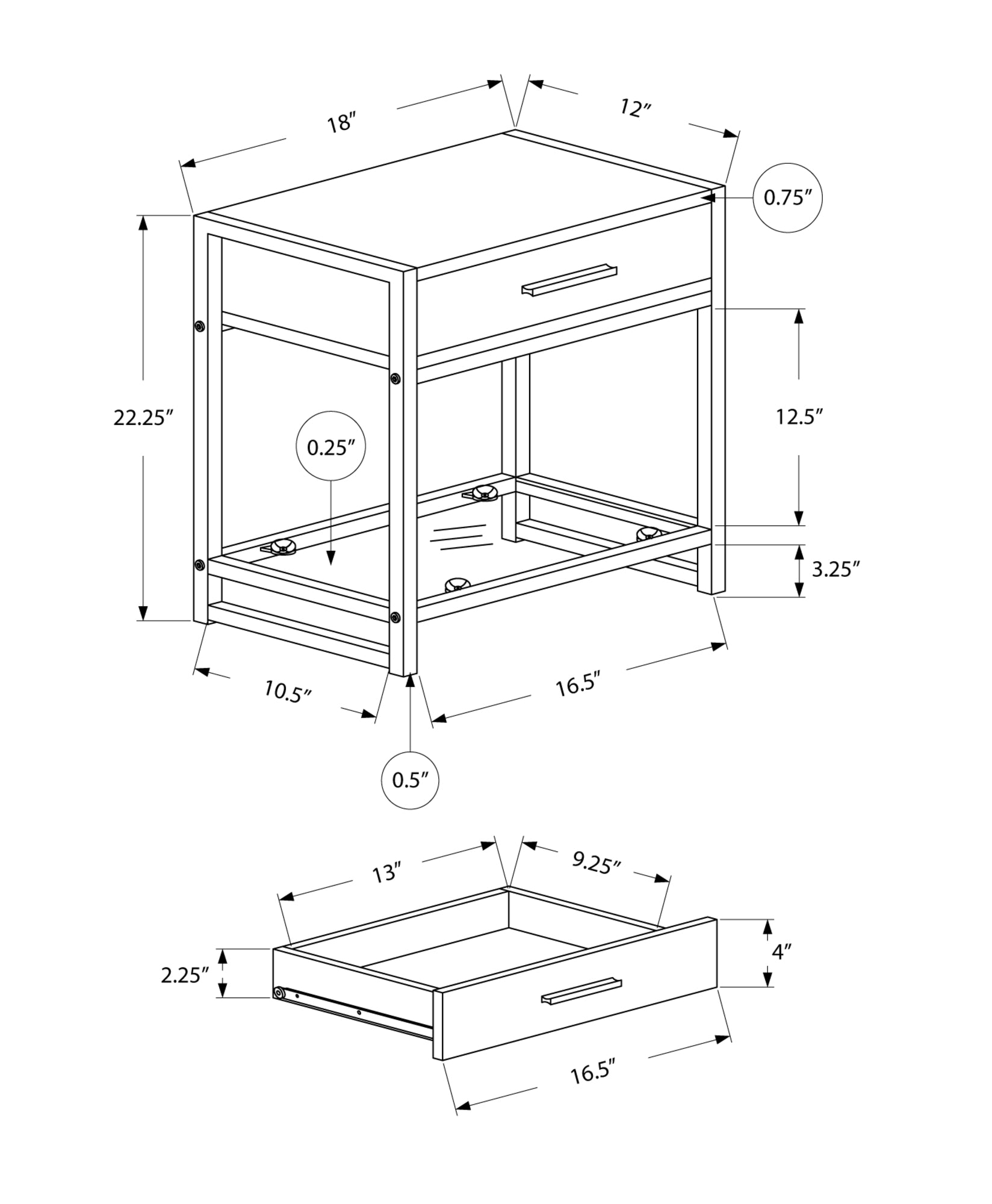 22" Black Glass And Metal End Table With Drawer And Shelf