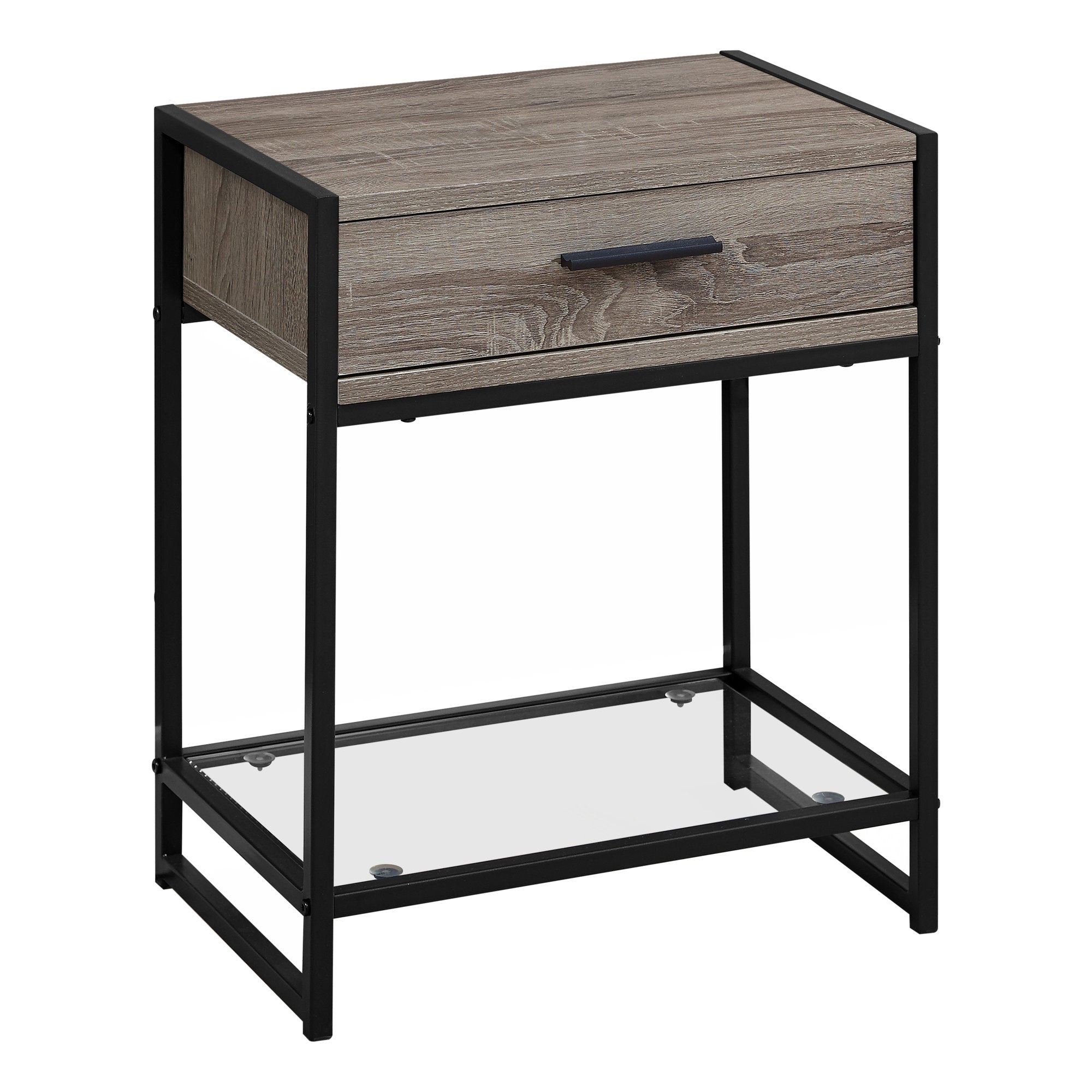 22" Black Glass And Metal End Table With Drawer And Shelf