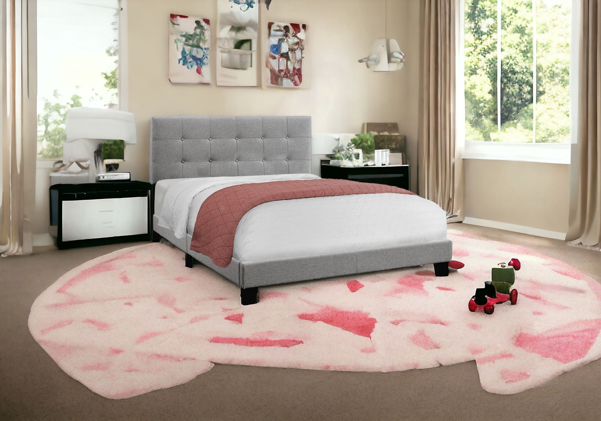 Gray Queen Tufted Upholstered Bed Frame