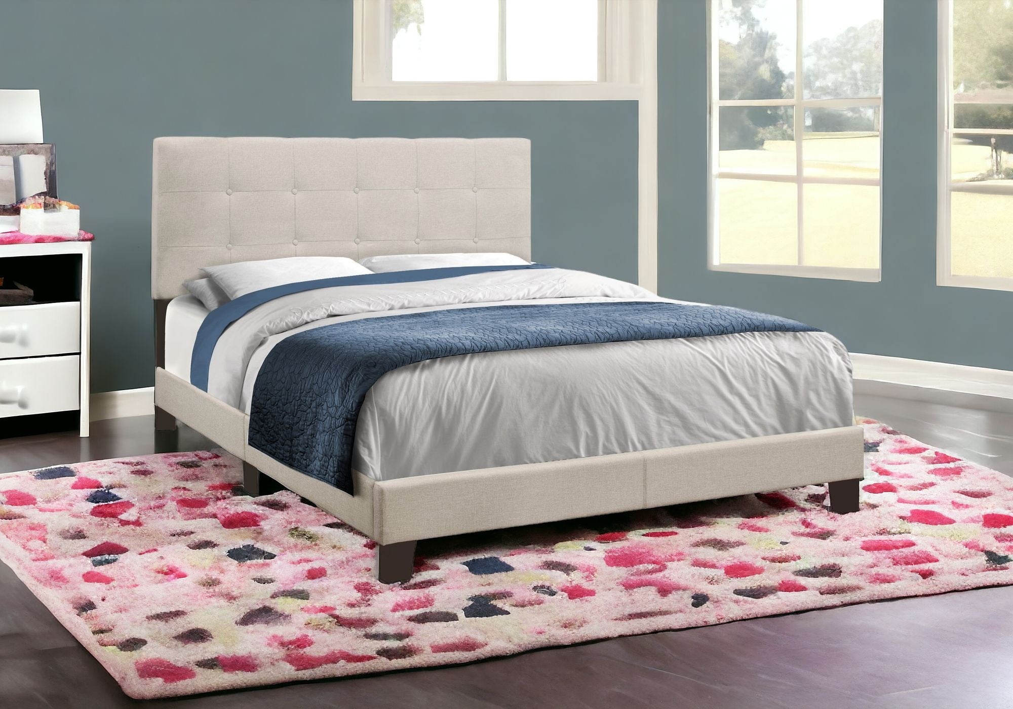 Beige Queen Upholstered Bed Frame