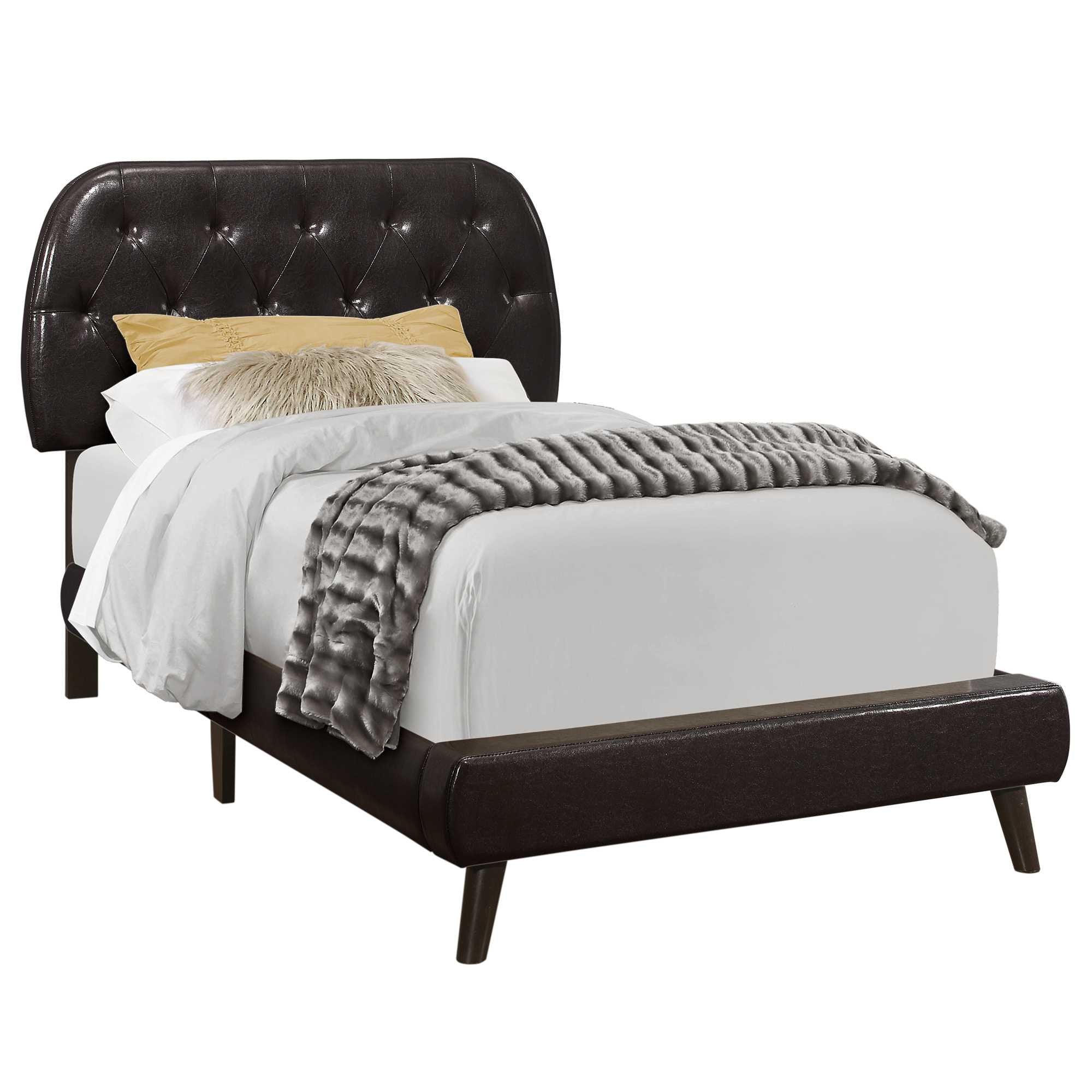 Brown Twin Tufted Upholstered Faux Leather Bed Frame