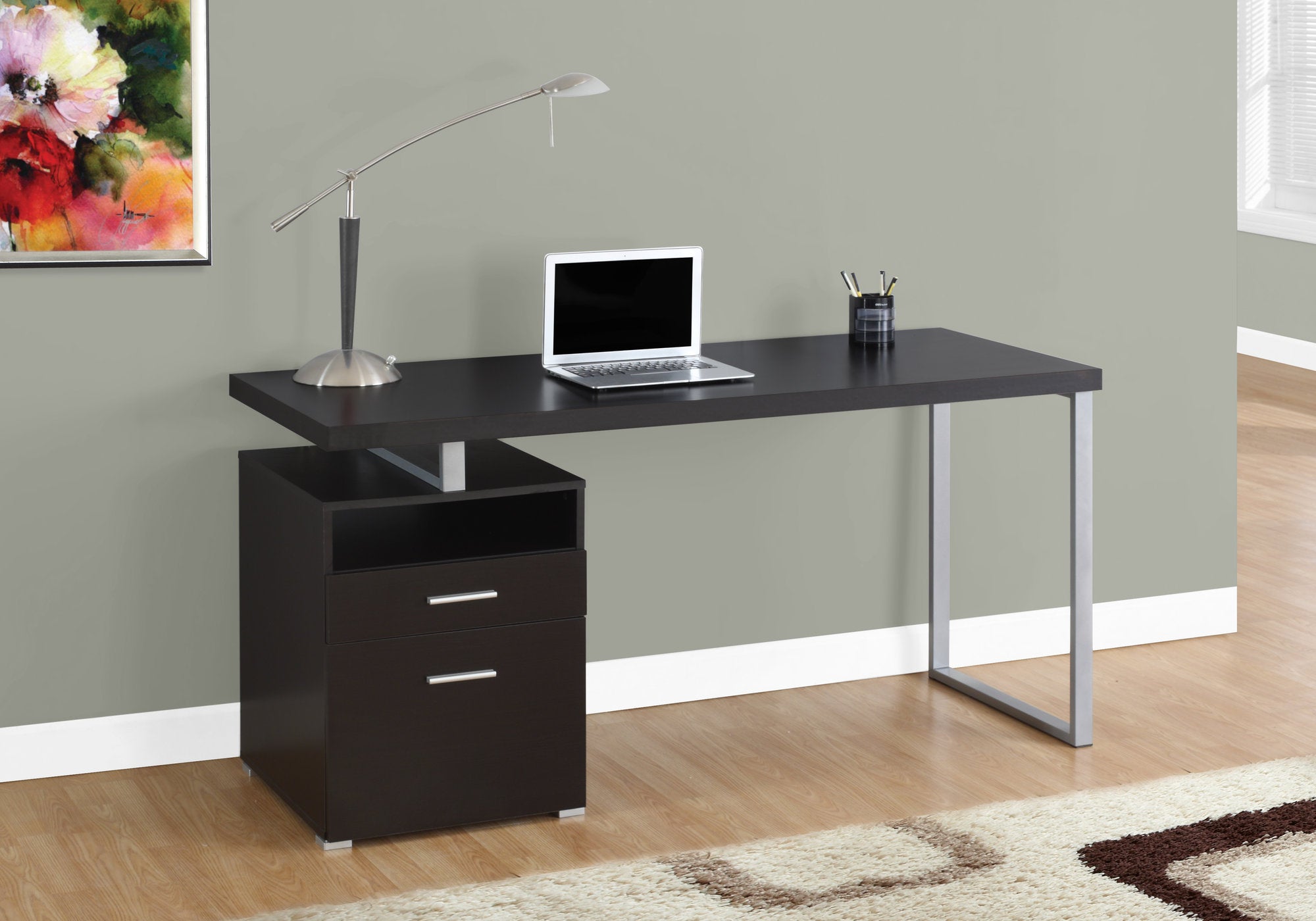 24" Dark Brown and Silver Computer Desk With Two Drawers