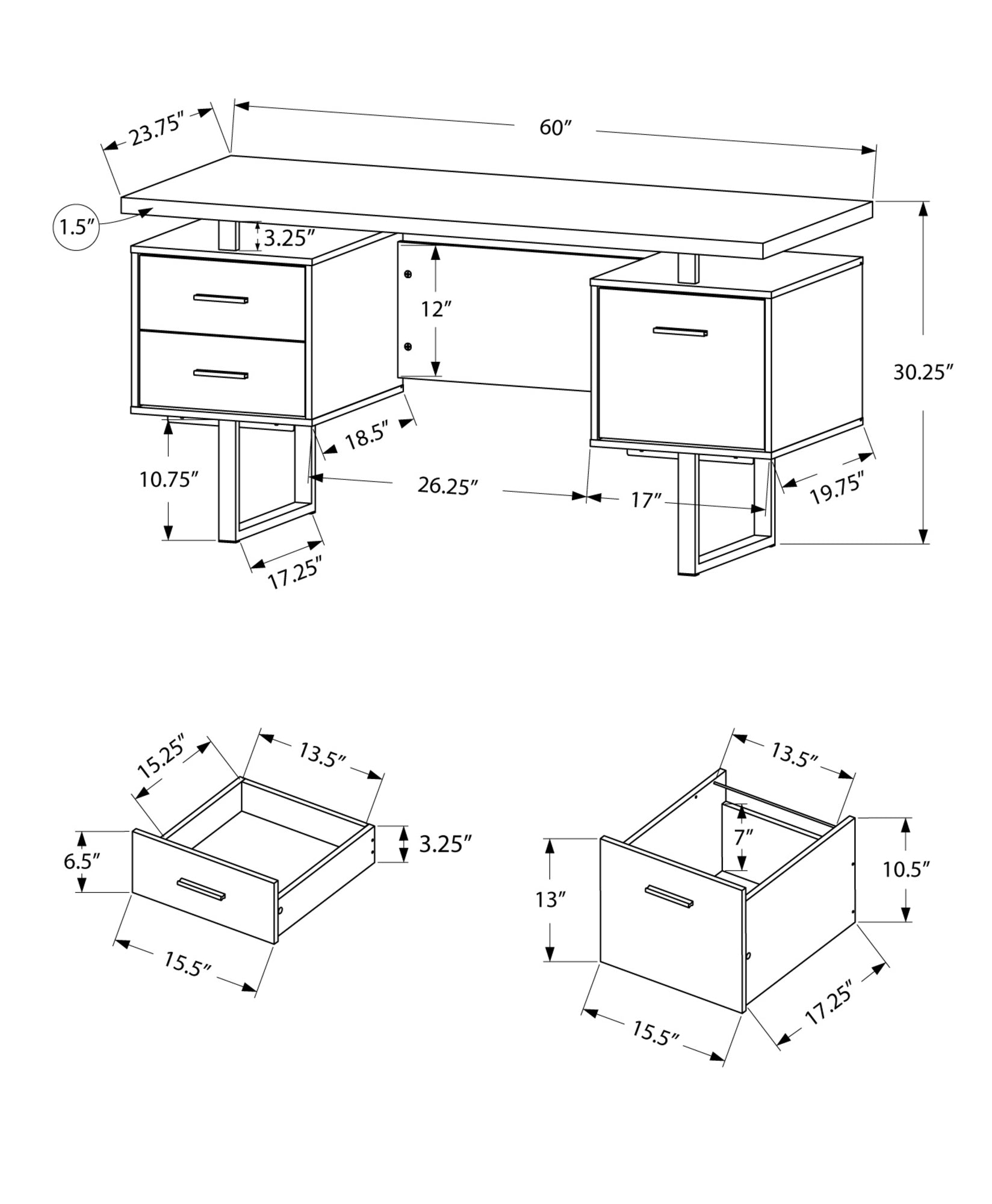 24" Brown and Black With Three Drawers