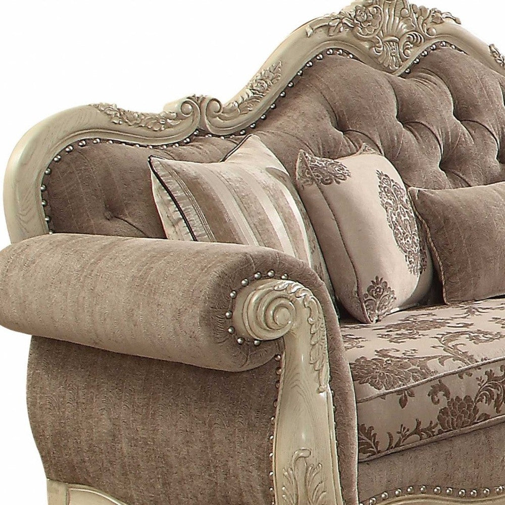 35" Gray And Beige Velvet Floral Sofa And Toss Pillows