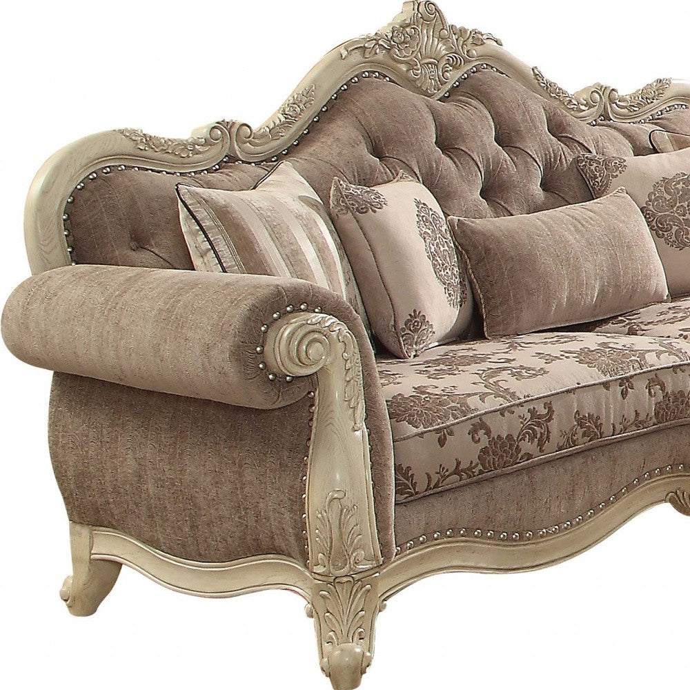 35" Gray And Beige Velvet Floral Sofa And Toss Pillows