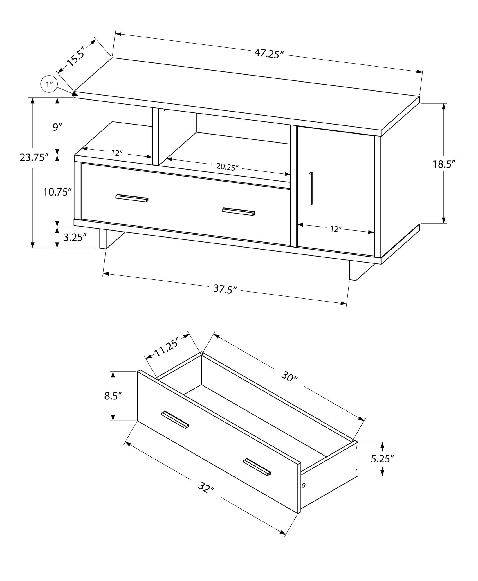 15.5" x 47.25" x 23.75" BlackGrey Top With Storage Tv Stand