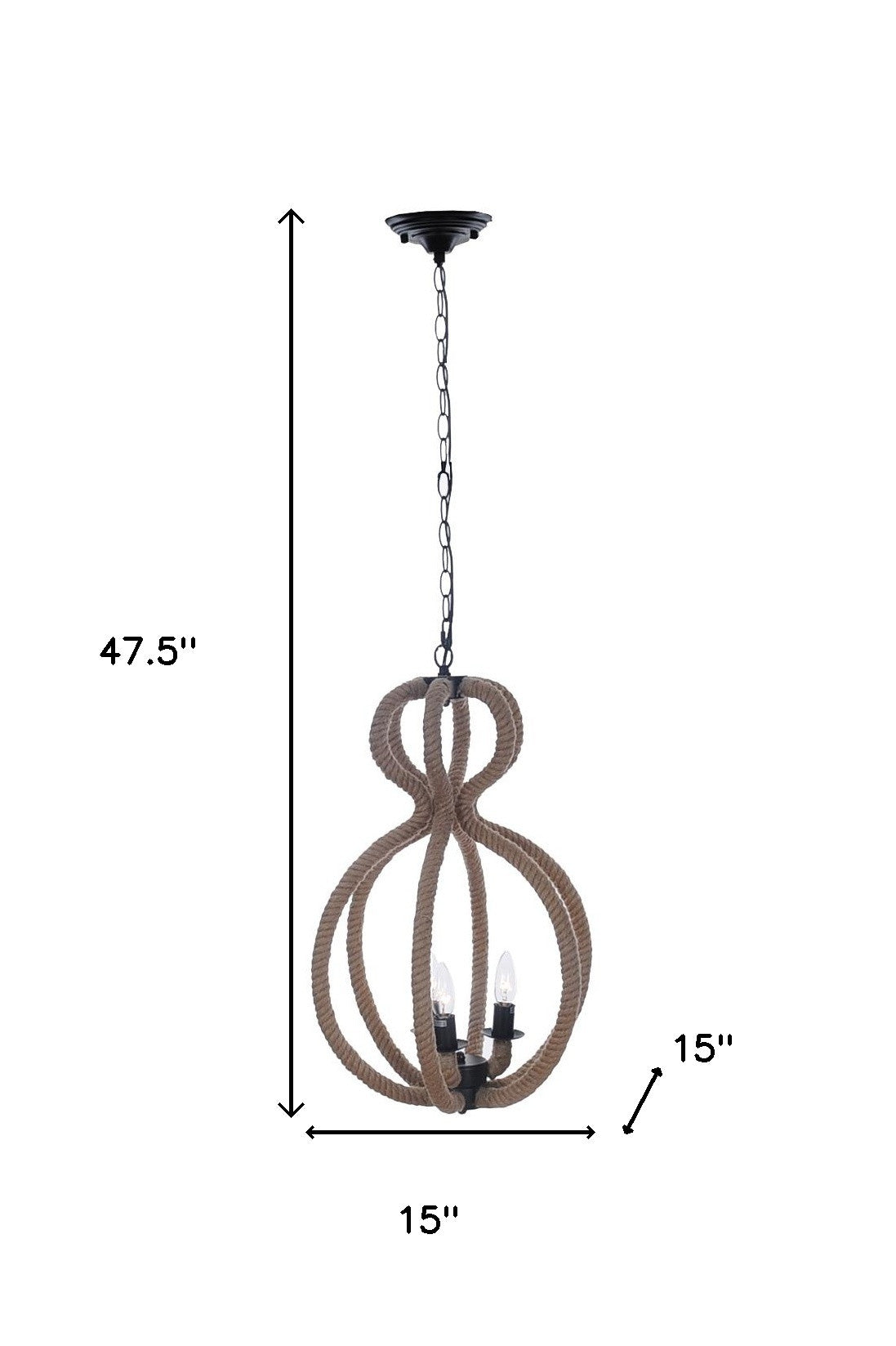 Natural and Black Iron and Rope Three Light Ceiling Light