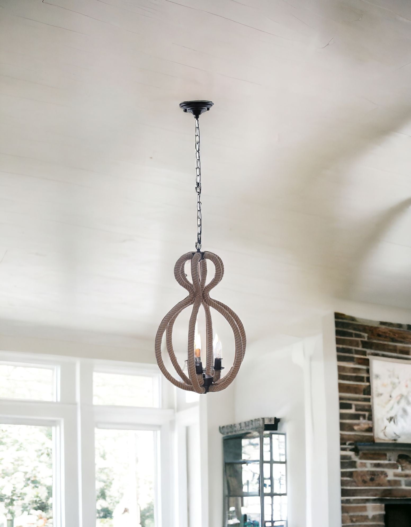 Natural and Black Iron and Rope Three Light Ceiling Light