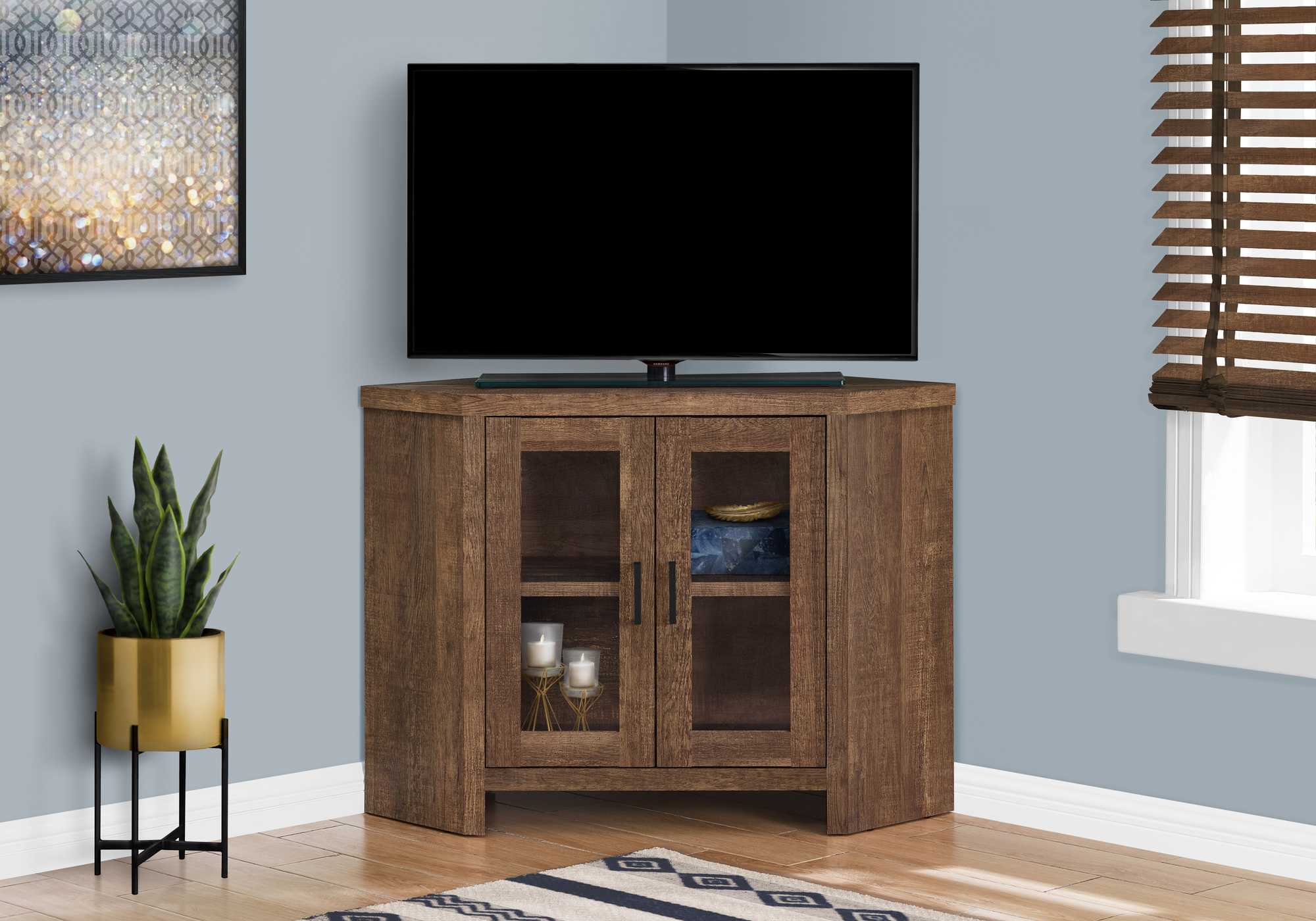 Reclaimed Wood Natural Finish Corner TV Stand With Glass Doors