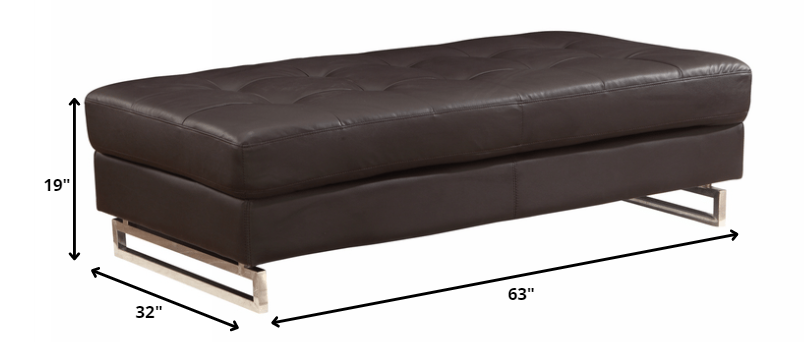 63" Black Faux Leather And Silver Ottoman