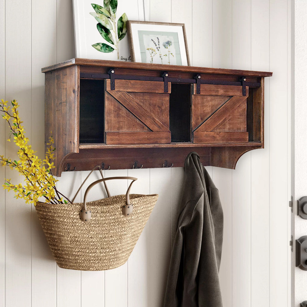 Rustic Wooden Shelf With Barn Door Storage And Hooks